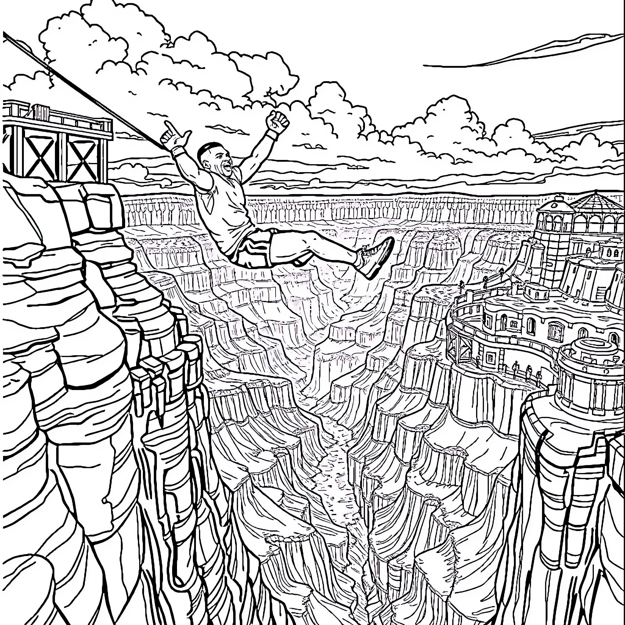 Mike Tyson Reaching for Victory in a Surreal Landscape Coloring Page (free black-and-white line drawing printable PDF for all, from beginners to advanced learners, including children, teens, adults, and seniors)