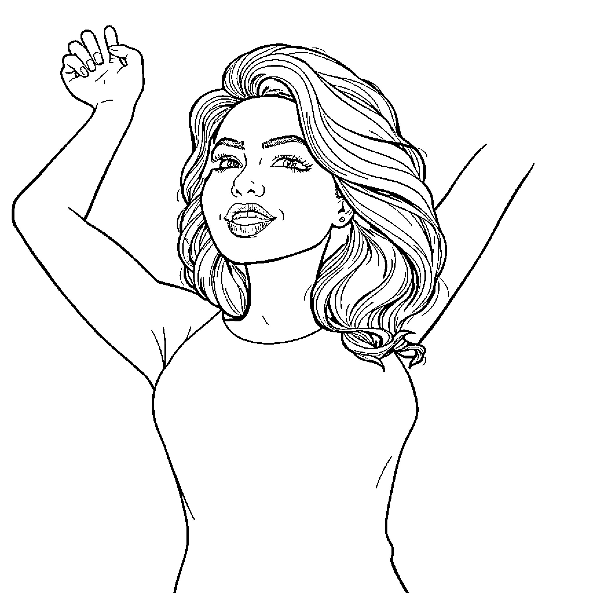 Transwoman Celebrating Her Identity with Joyful Expressions Coloring Page (free black-and-white line drawing printable PDF for all, from beginners to advanced learners, including children, teens, adults, and seniors)