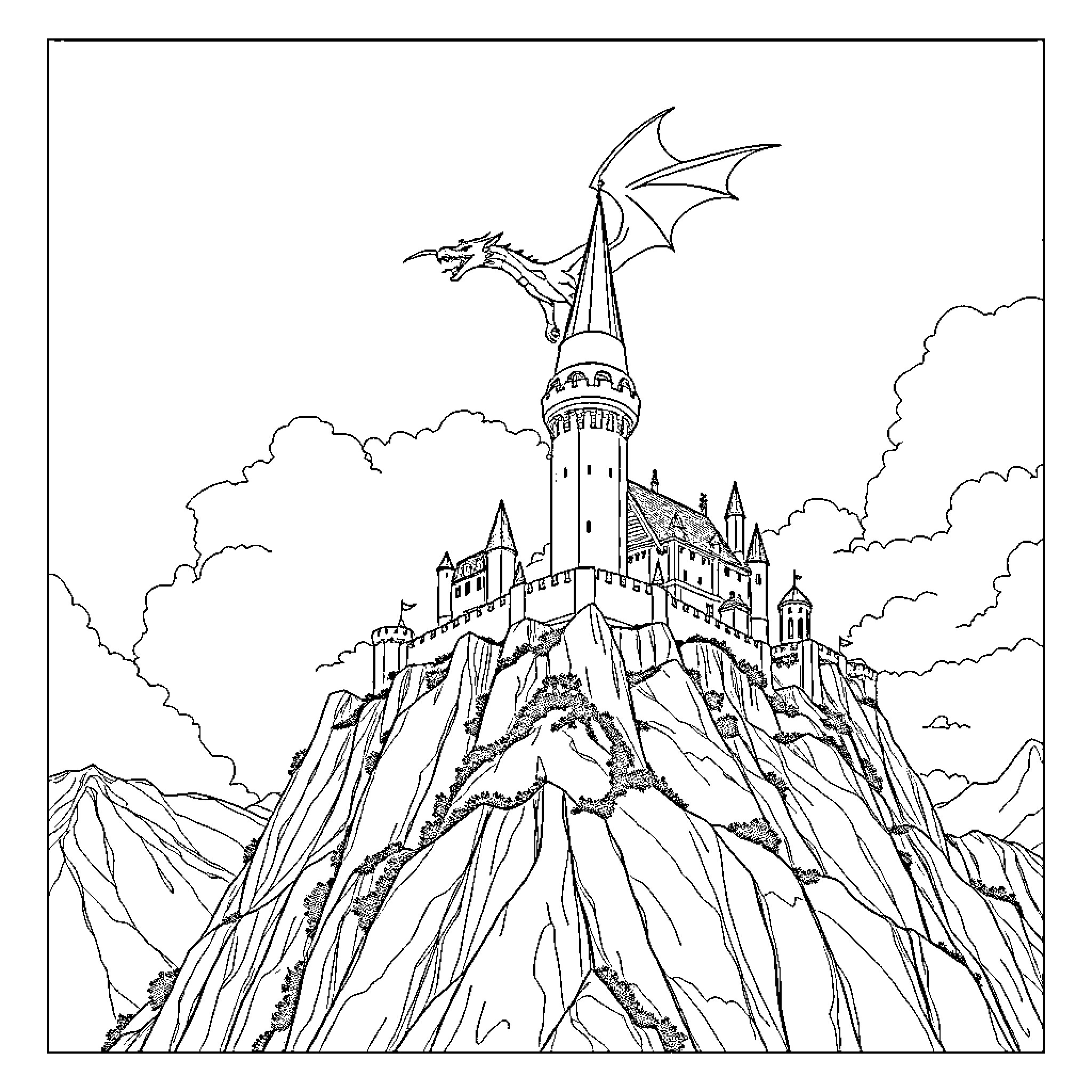 Castle with dragon on a rocky mountain Coloring Page (free black-and-white line drawing printable PDF for all, from beginners to advanced learners, including children, teens, adults, and seniors)