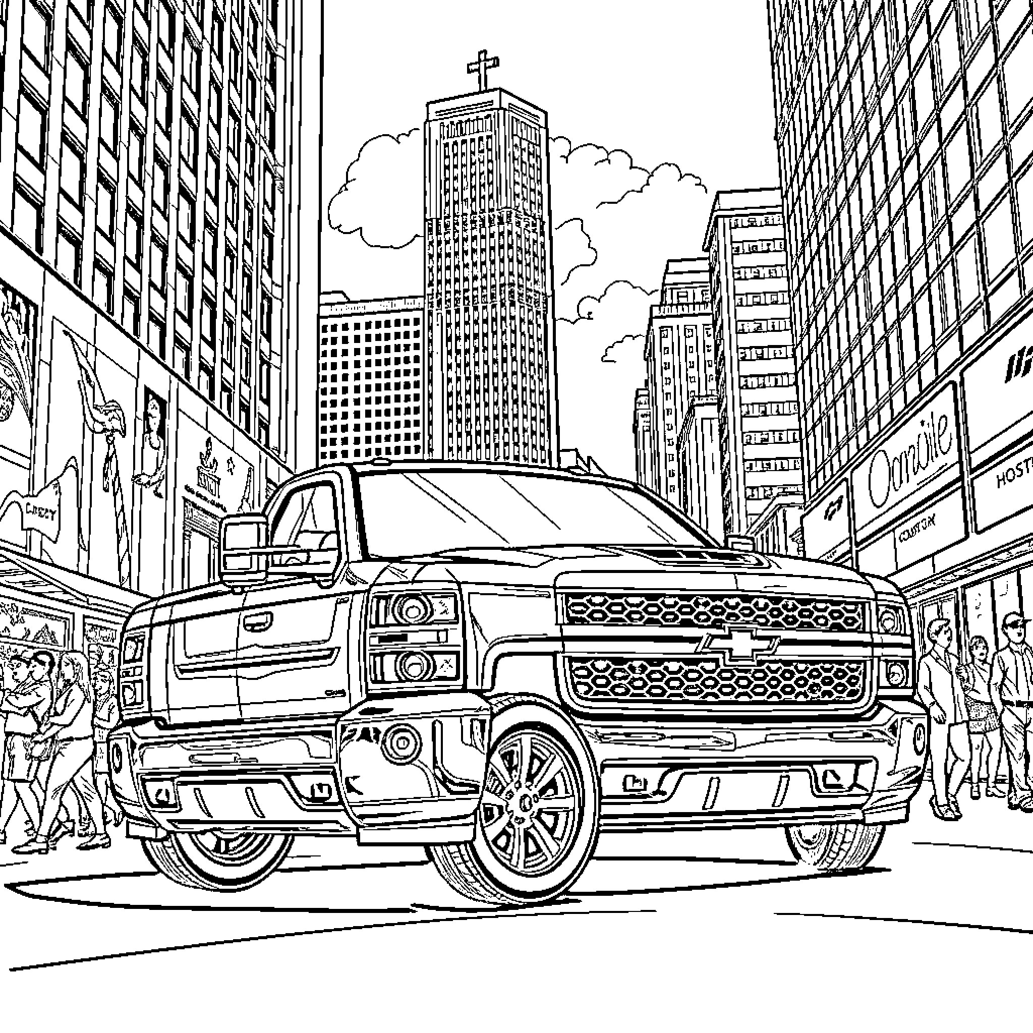 Truck driving through a bustling city street Coloring Page (free black-and-white line drawing printable PDF for all, from beginners to advanced learners, including children, teens, adults, and seniors)