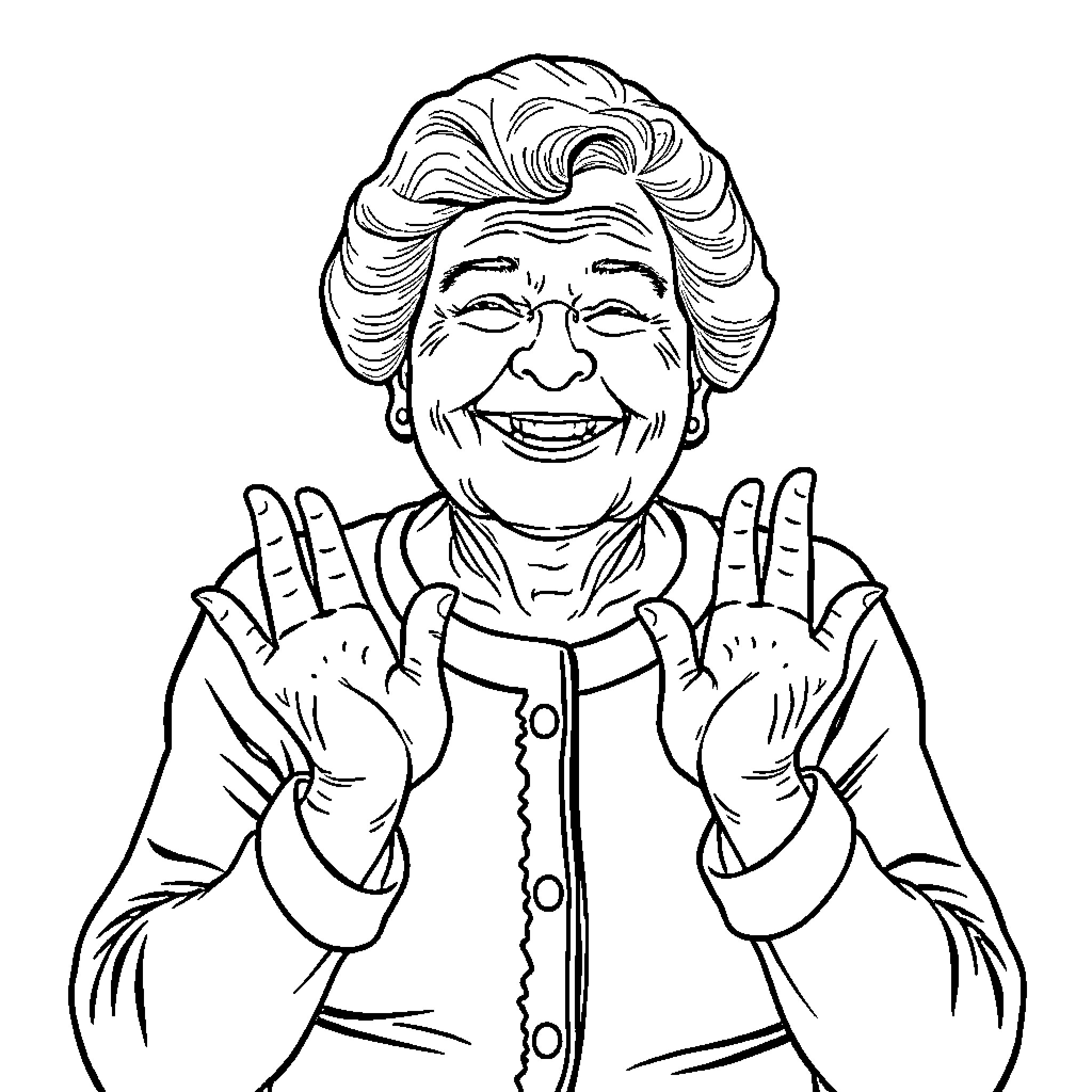 Grandma happily gesturing with her hands Coloring Page (free black-and-white line drawing printable PDF for all, from beginners to advanced learners, including children, teens, adults, and seniors)