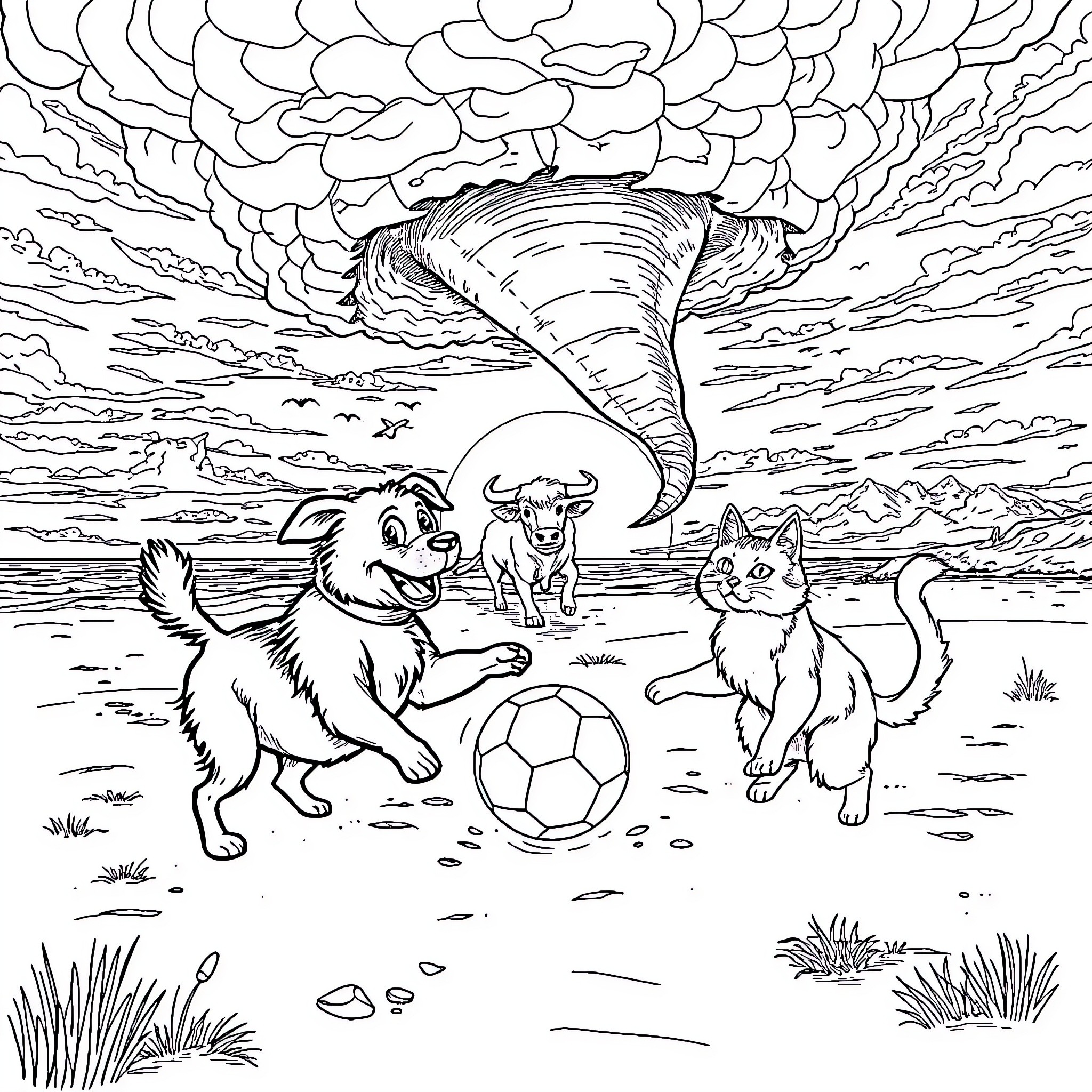 Dog and Cat Playing with Ball in Stormy Field Coloring Page (free black-and-white line drawing printable PDF for all, from beginners to advanced learners, including children, teens, adults, and seniors)