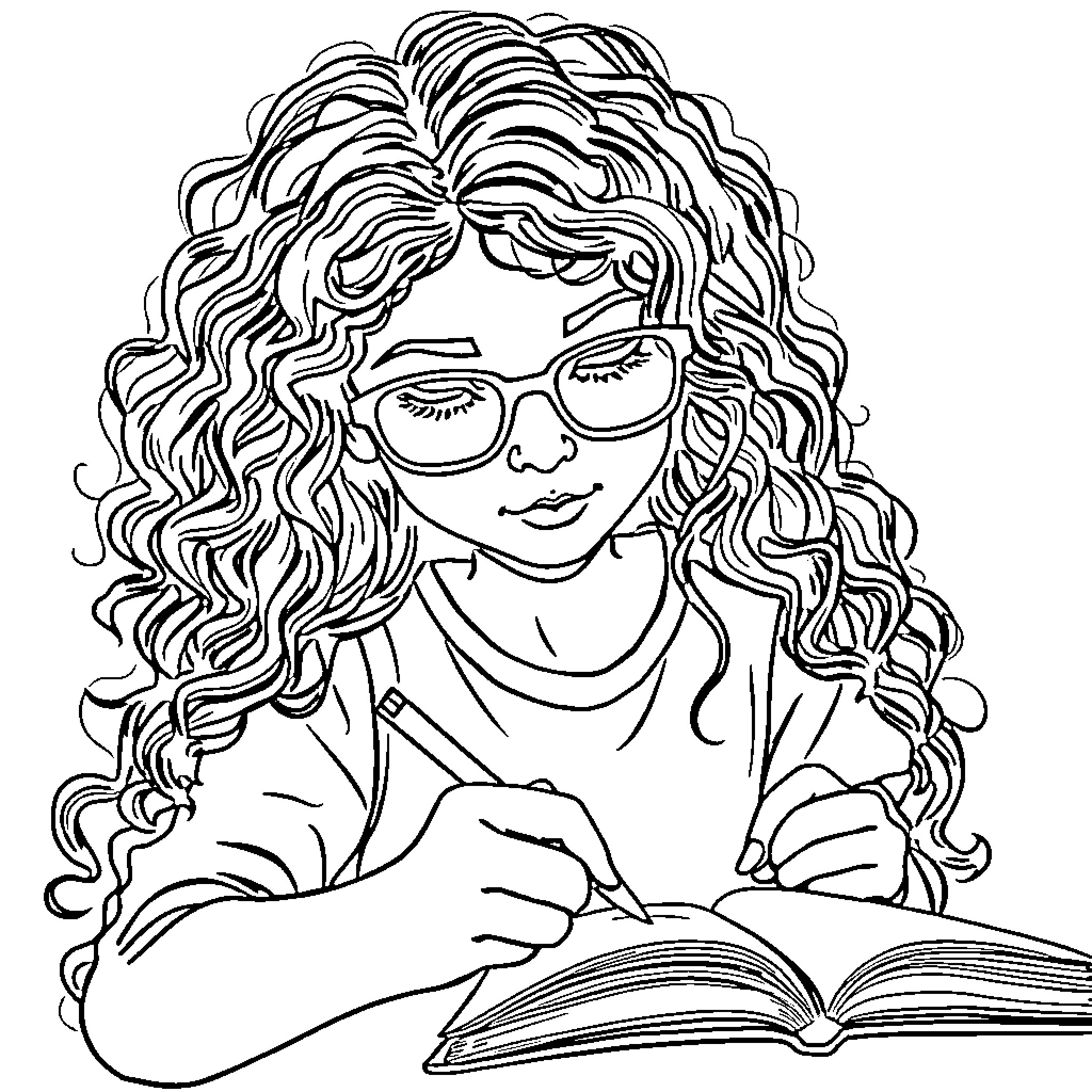 Girl reading intently in deep thought Coloring Page (free black-and-white line drawing printable PDF for all, from beginners to advanced learners, including children, teens, adults, and seniors)