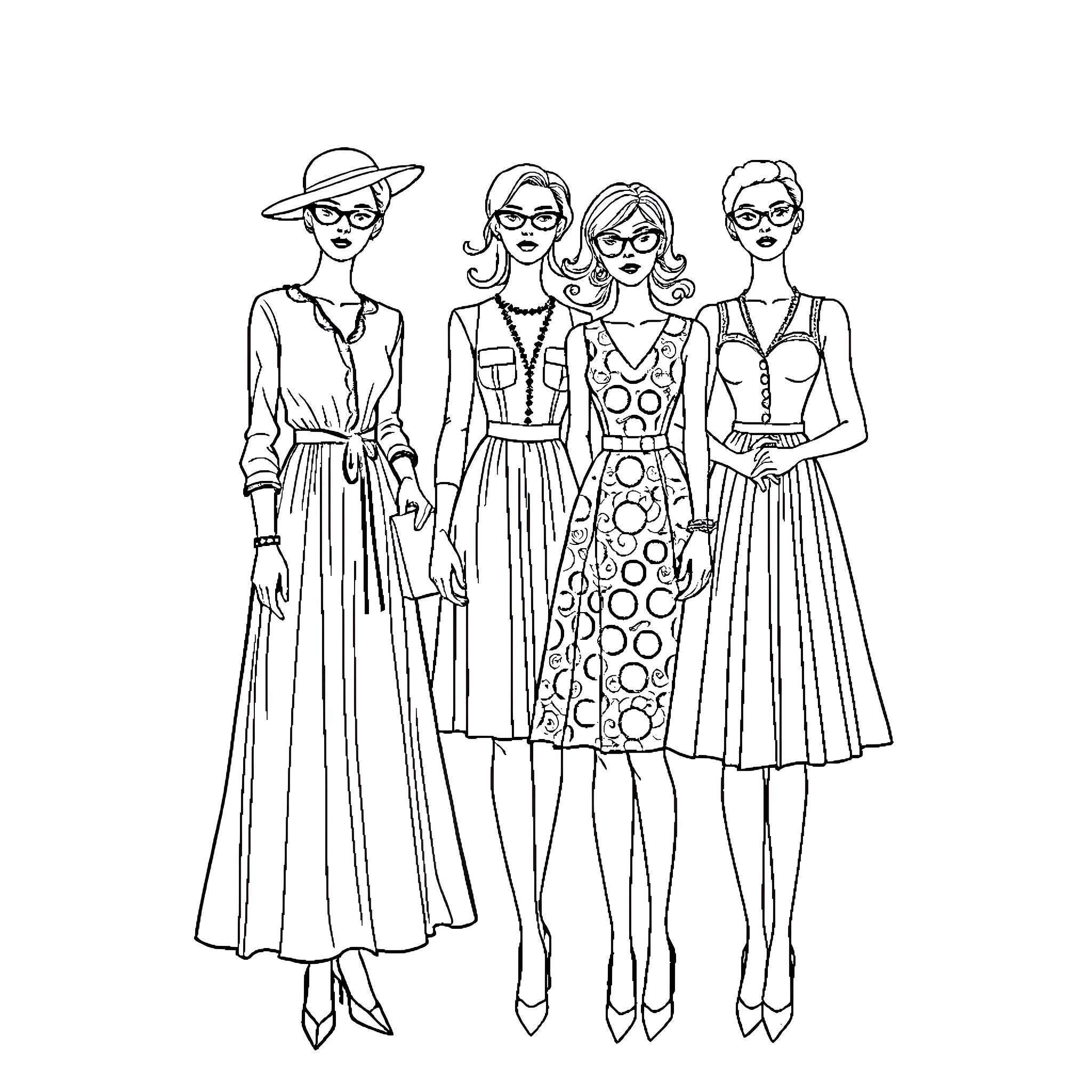 Fashion-forward women in stylish outfits Coloring Page (free black-and-white line drawing printable PDF for all, from beginners to advanced learners, including children, teens, adults, and seniors)