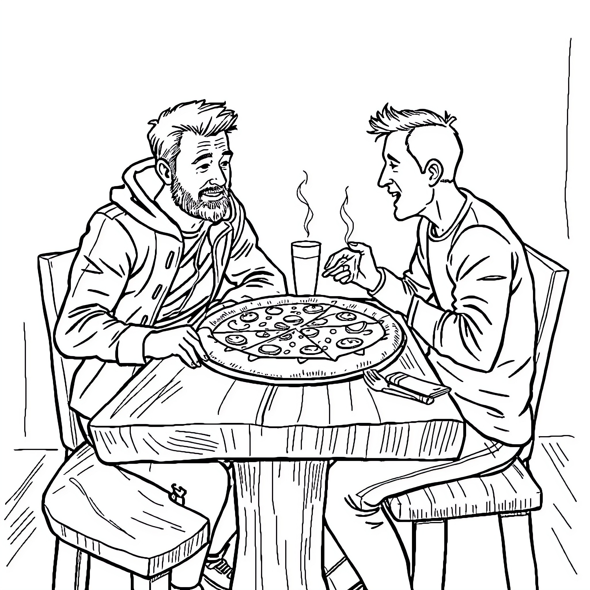 Pizza shared between two friends Coloring Page (free black-and-white line drawing printable PDF for all, from beginners to advanced learners, including children, teens, adults, and seniors)