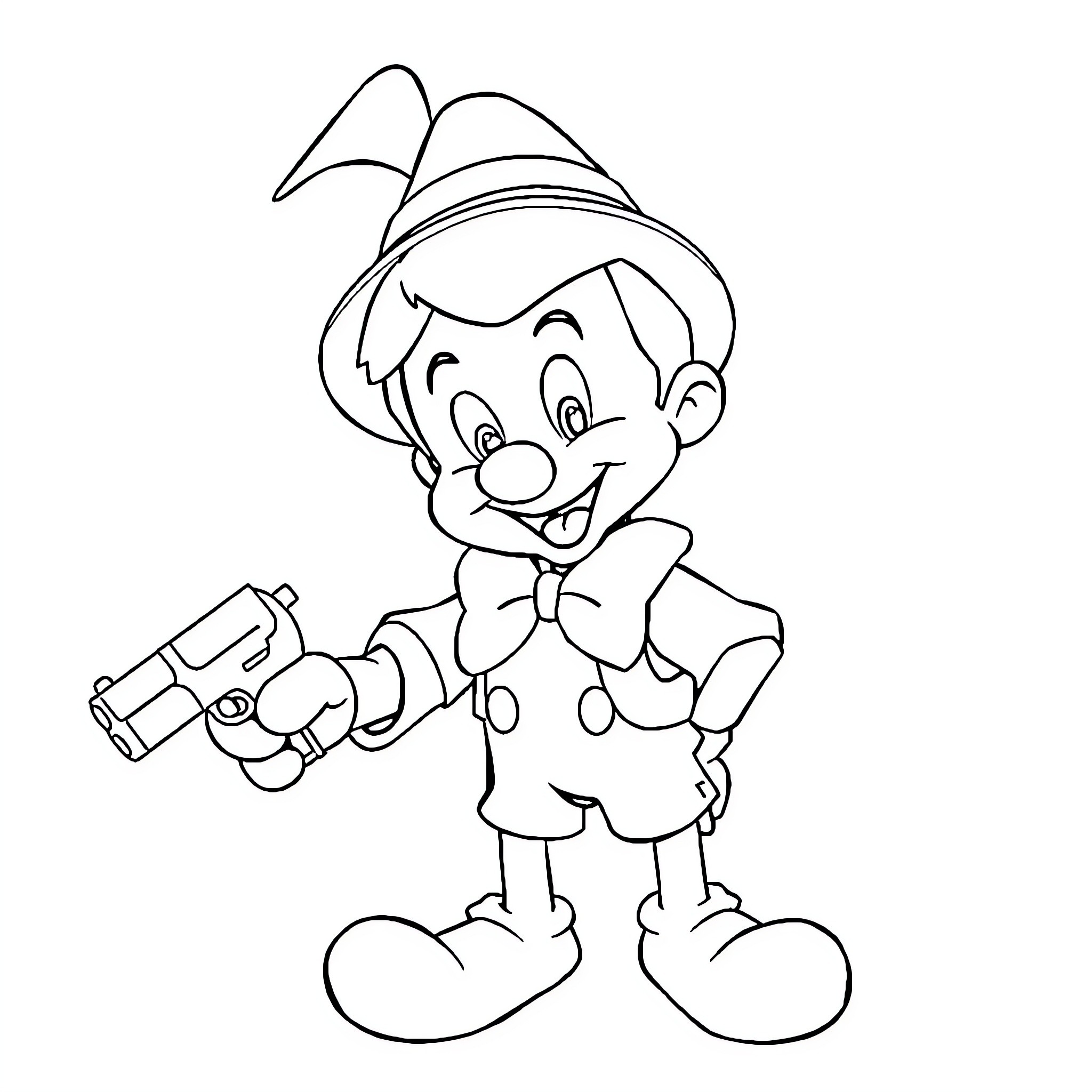 Pinocchio the Mischievous Puppet with Toy Gun Coloring Page (free black-and-white line drawing printable PDF for all, from beginners to advanced learners, including children, teens, adults, and seniors)