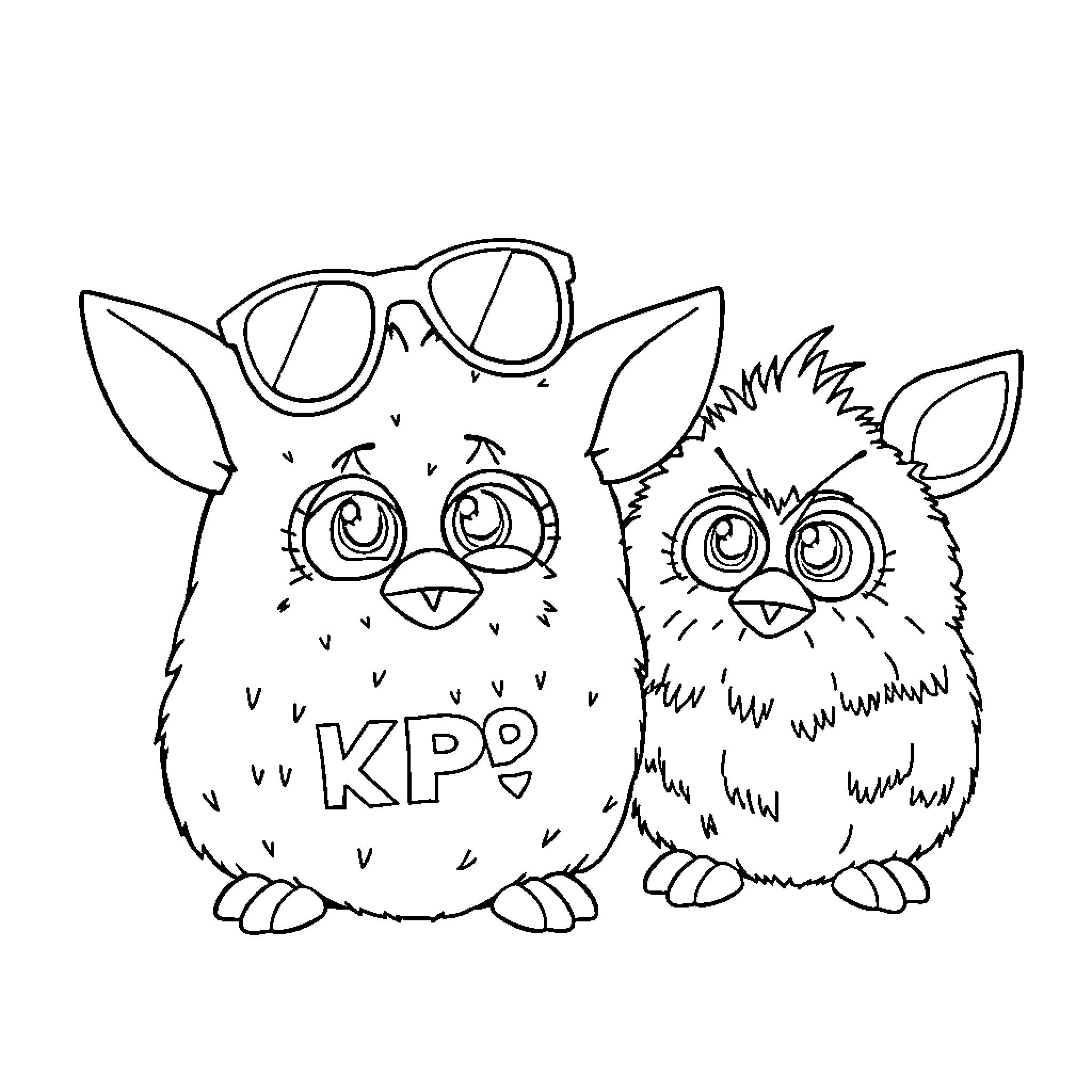Kpop Furry Characters with Glasses and 'KPO' Text Coloring Page (free black-and-white line drawing printable PDF for all, from beginners to advanced learners, including children, teens, adults, and seniors)