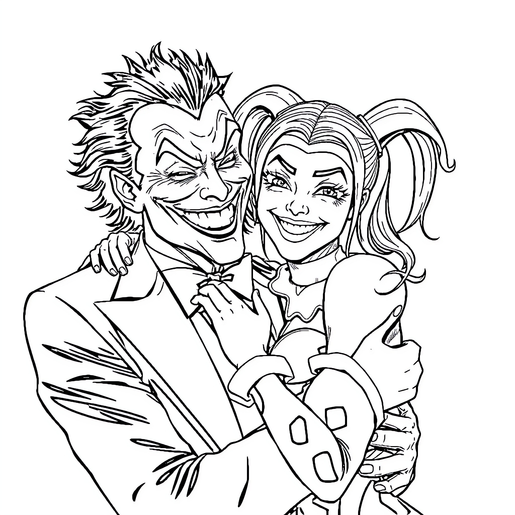 Joker and Harley Quinn in Mischievous Embrace Coloring Page (free black-and-white line drawing printable PDF for all, from beginners to advanced learners, including children, teens, adults, and seniors)