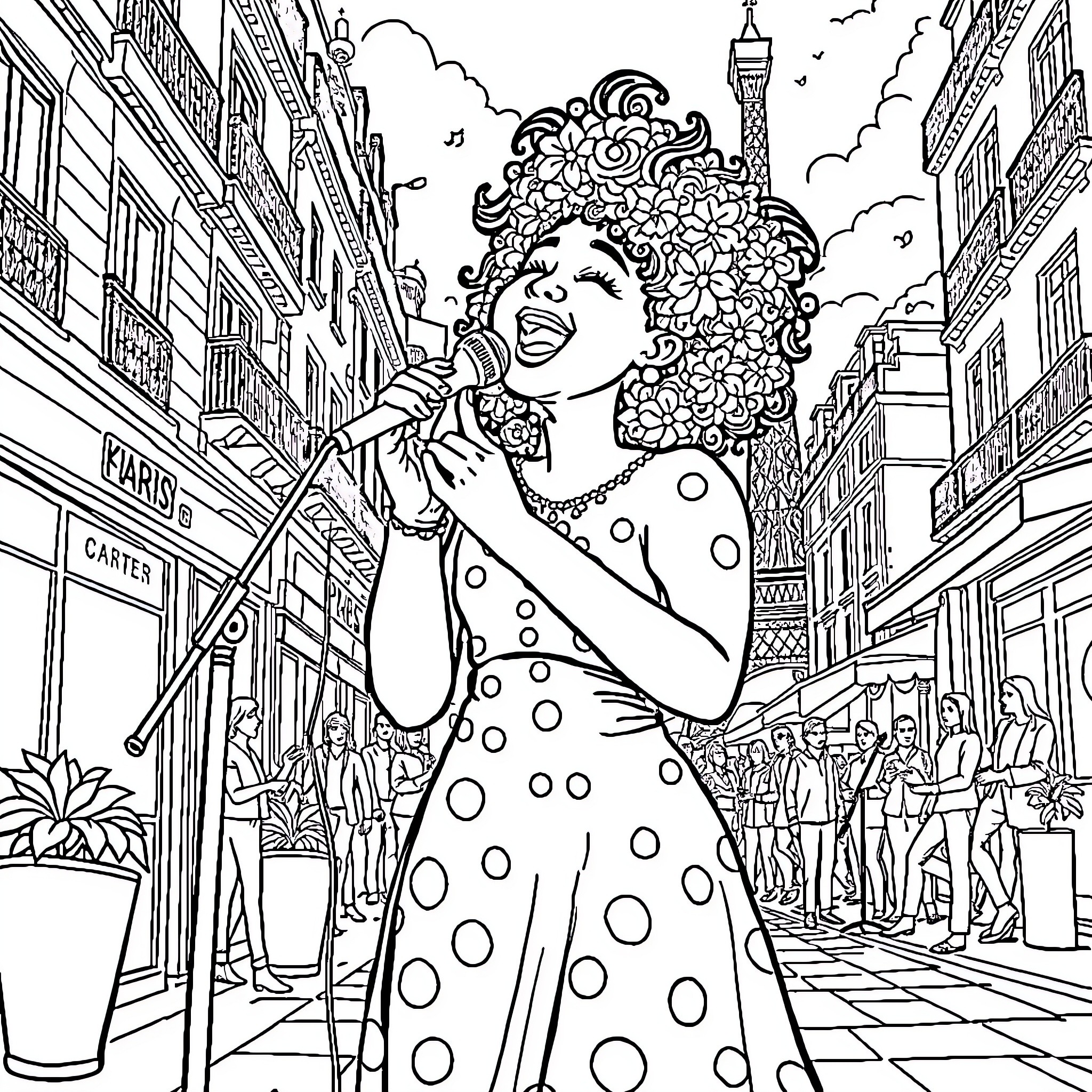 Kitari singing joyfully on the streets of Paris Coloring Page (free black-and-white line drawing printable PDF for all, from beginners to advanced learners, including children, teens, adults, and seniors)