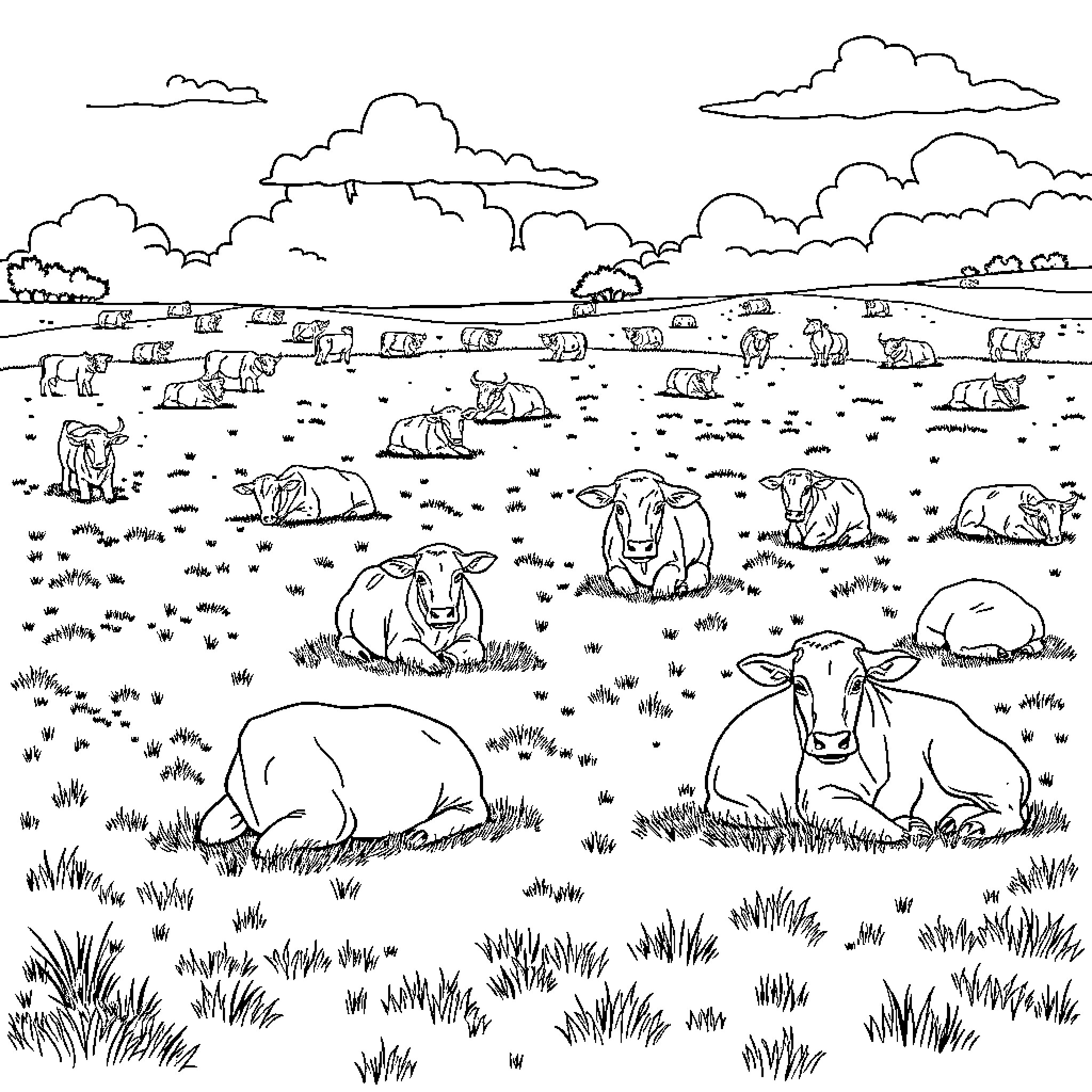 Cows resting peacefully in a pastoral landscape Coloring Page (free black-and-white line drawing printable PDF for all, from beginners to advanced learners, including children, teens, adults, and seniors)