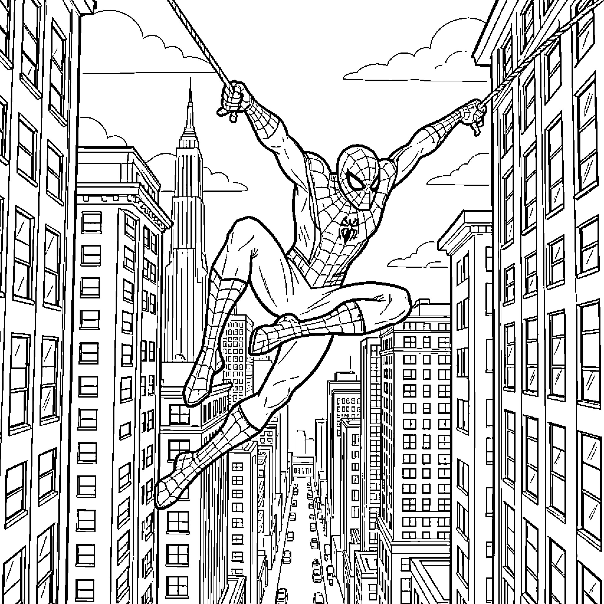 Spiderman swinging through the city skyline Coloring Page (free black-and-white line drawing printable PDF for all, from beginners to advanced learners, including children, teens, adults, and seniors)