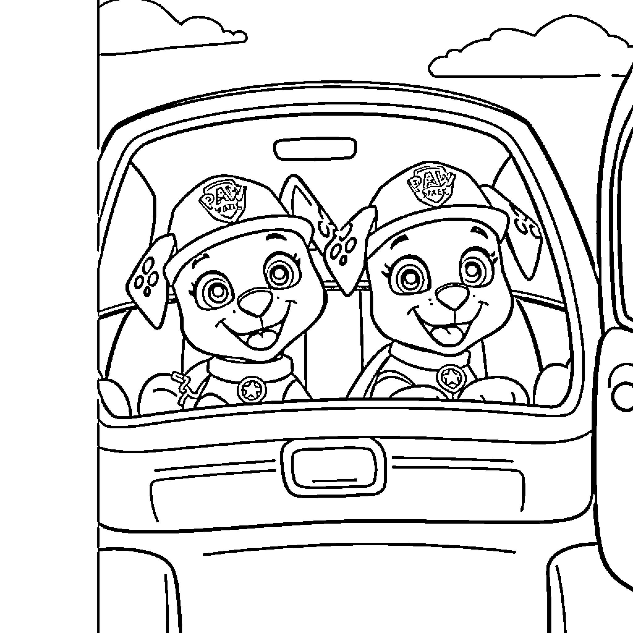 Dog friends driving in a car together Coloring Page (free black-and-white line drawing printable PDF for all, from beginners to advanced learners, including children, teens, adults, and seniors)