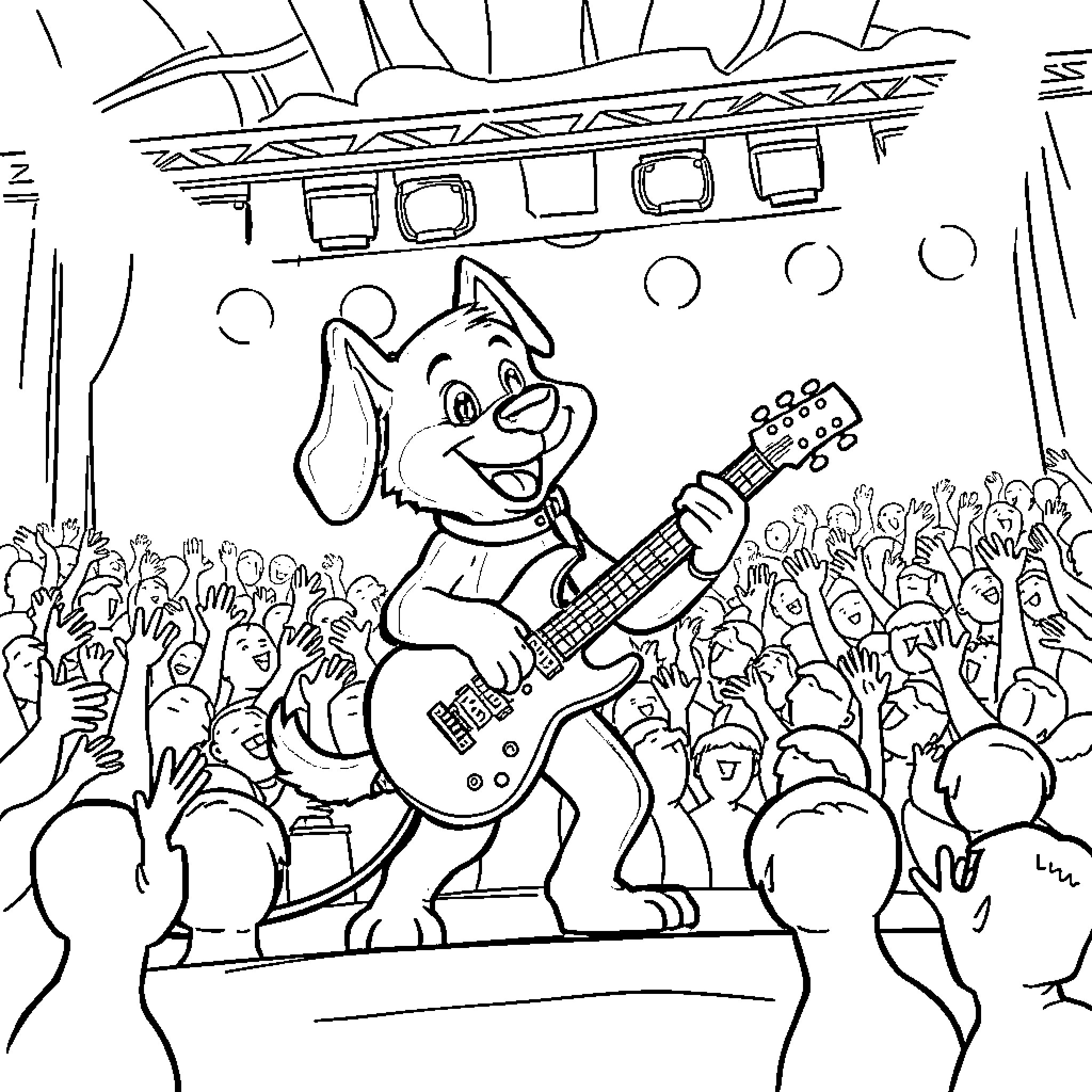 Bluey performing on stage with guitar for cheering crowd Coloring Page (free black-and-white line drawing printable PDF for all, from beginners to advanced learners, including children, teens, adults, and seniors)