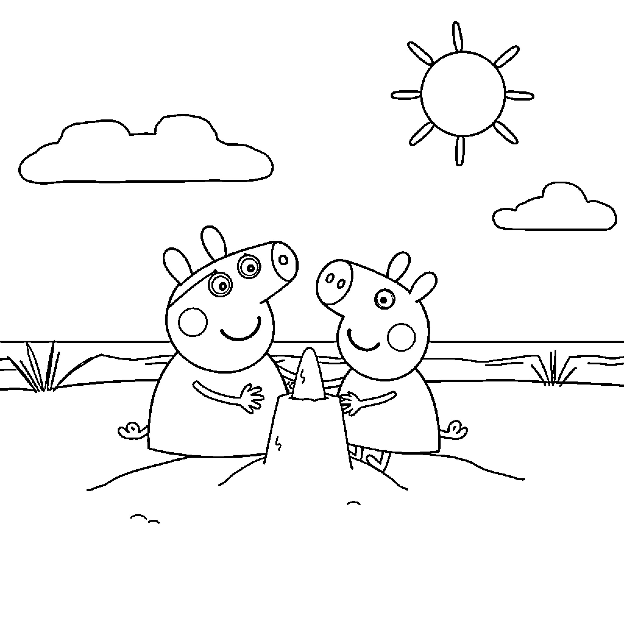 Peppa Pig and friends enjoying the sunny day Coloring Page (free black-and-white line drawing printable PDF for all, from beginners to advanced learners, including children, teens, adults, and seniors)