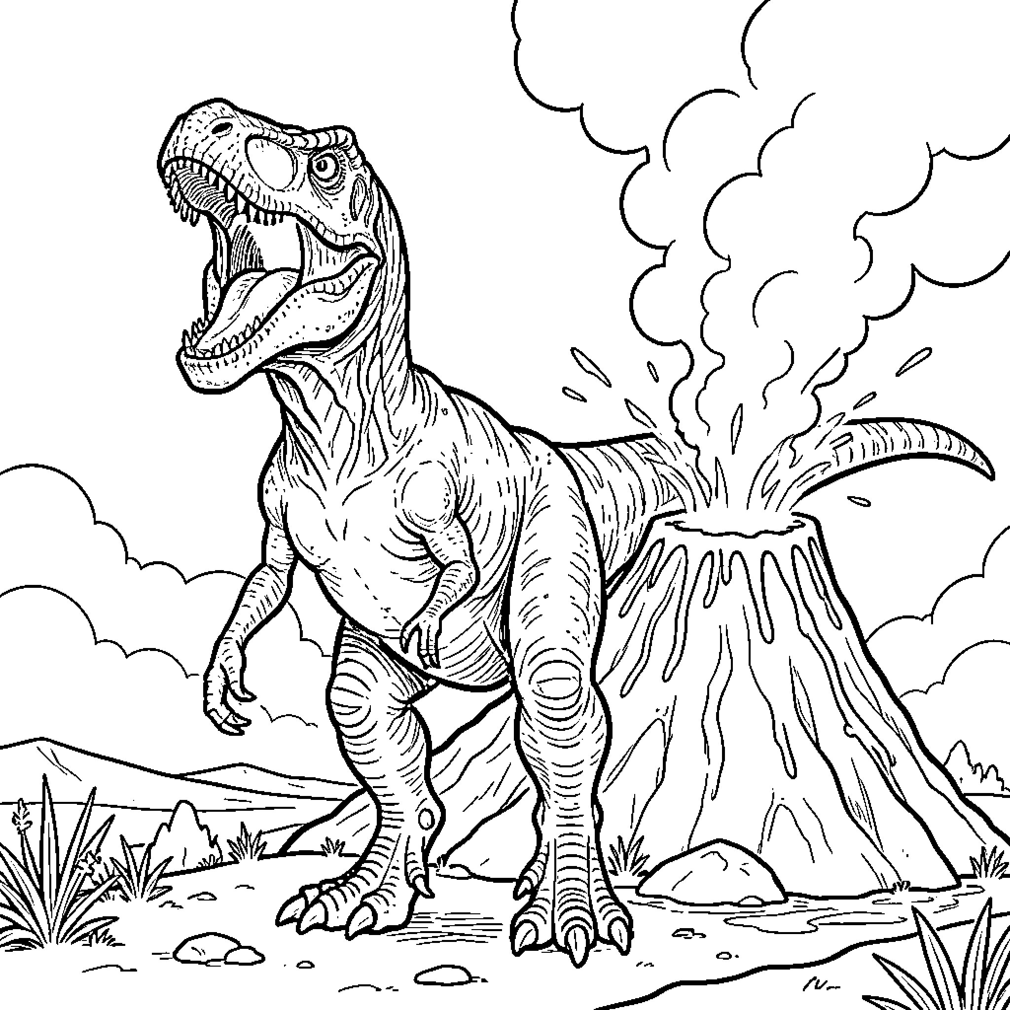T-Rex Roaring Amidst Volcanic Eruption Coloring Page (free black-and-white line drawing printable PDF for all, from beginners to advanced learners, including children, teens, adults, and seniors)