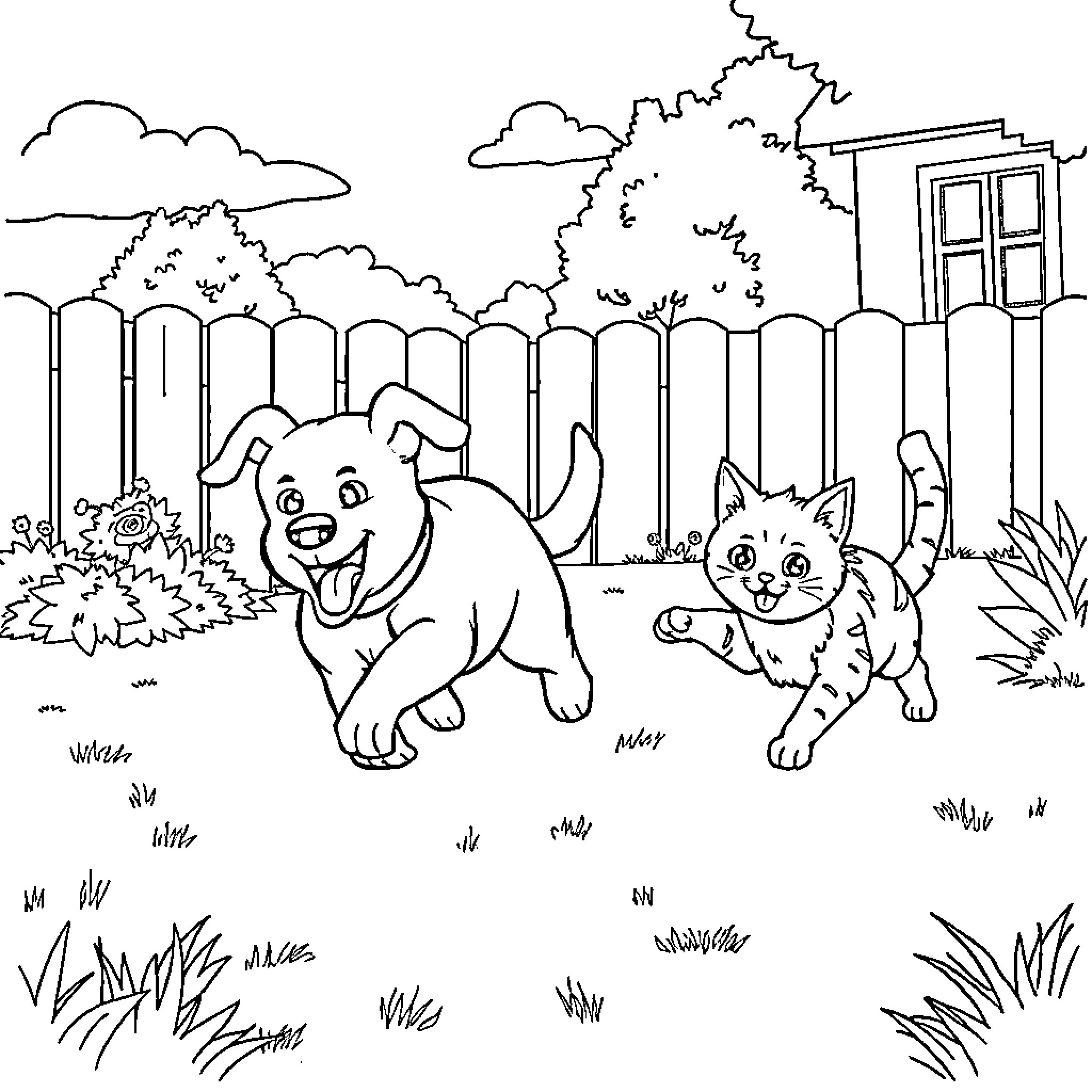 Dog and cat playing in the backyard Coloring Page (free black-and-white line drawing printable PDF for all, from beginners to advanced learners, including children, teens, adults, and seniors)