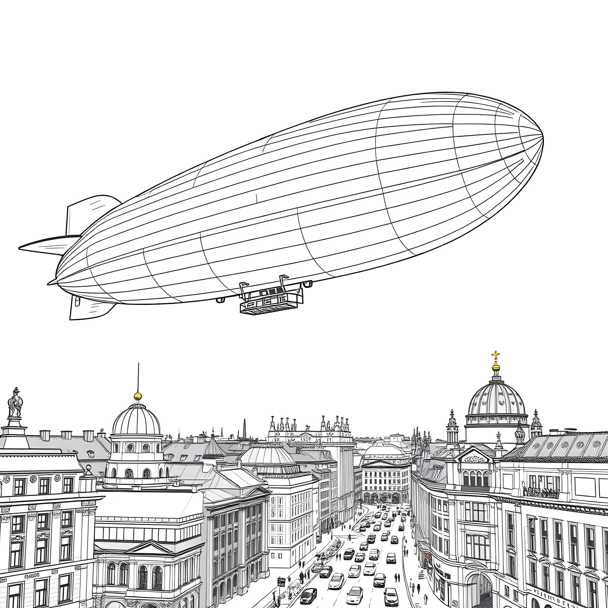 Hindenburg airship flying over cityscape Coloring Page (free black-and-white line drawing printable PDF for all, from beginners to advanced learners, including children, teens, adults, and seniors)