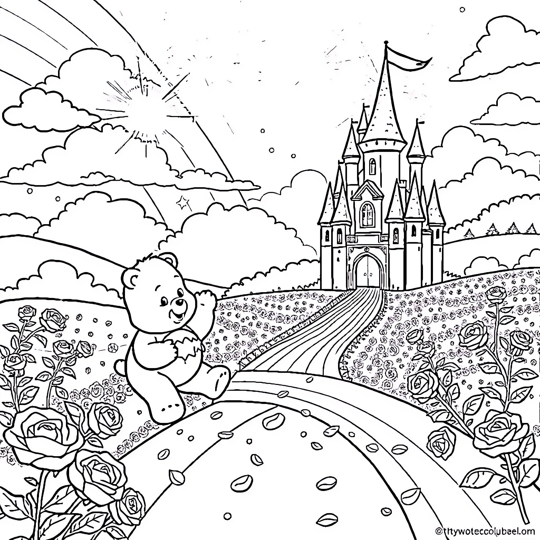 Care Bear exploring the magical castle garden Coloring Page (free black-and-white line drawing printable PDF for all, from beginners to advanced learners, including children, teens, adults, and seniors)