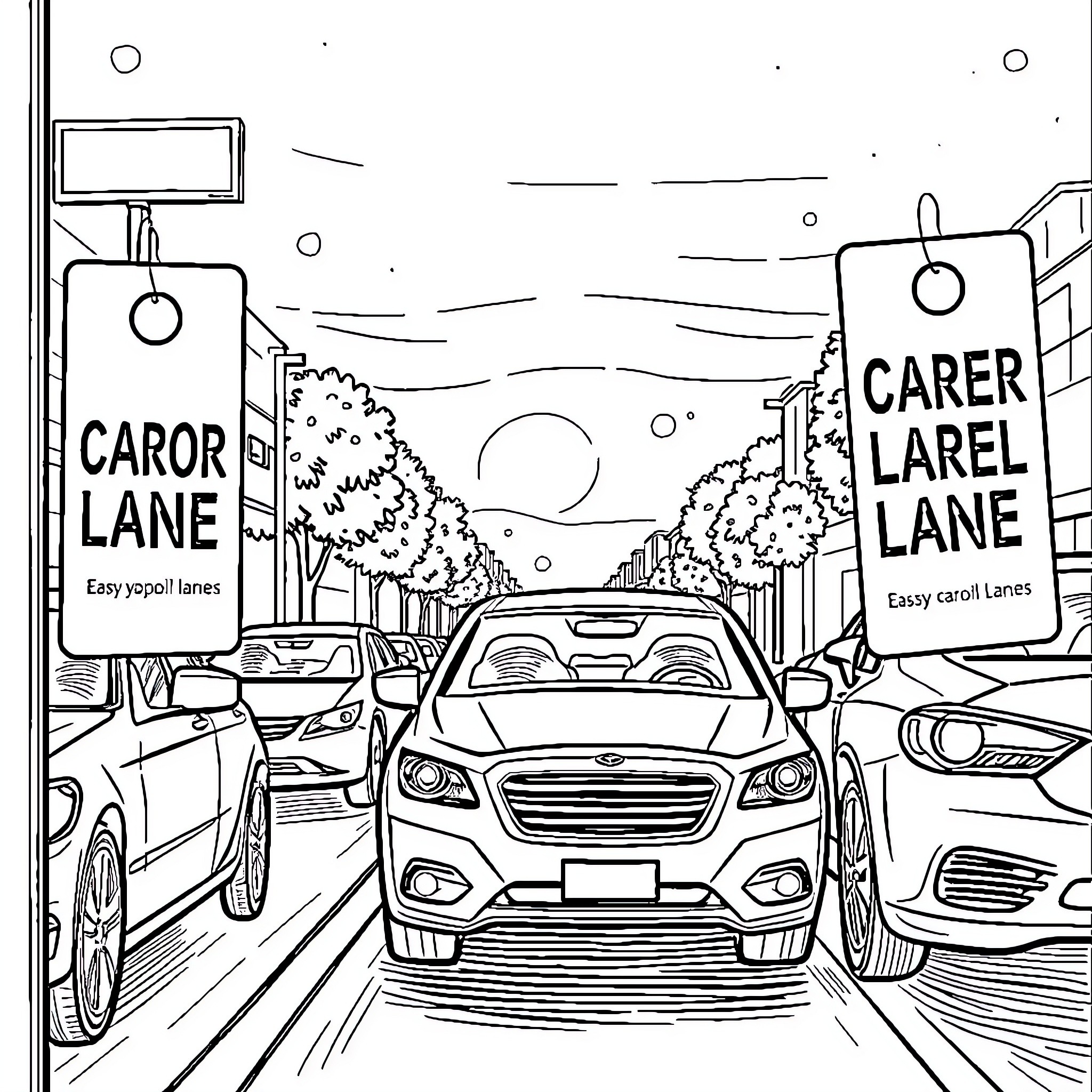 Door Hanger Featuring Vehicles and Traffic Signs Coloring Page (free black-and-white line drawing printable PDF for all, from beginners to advanced learners, including children, teens, adults, and seniors)