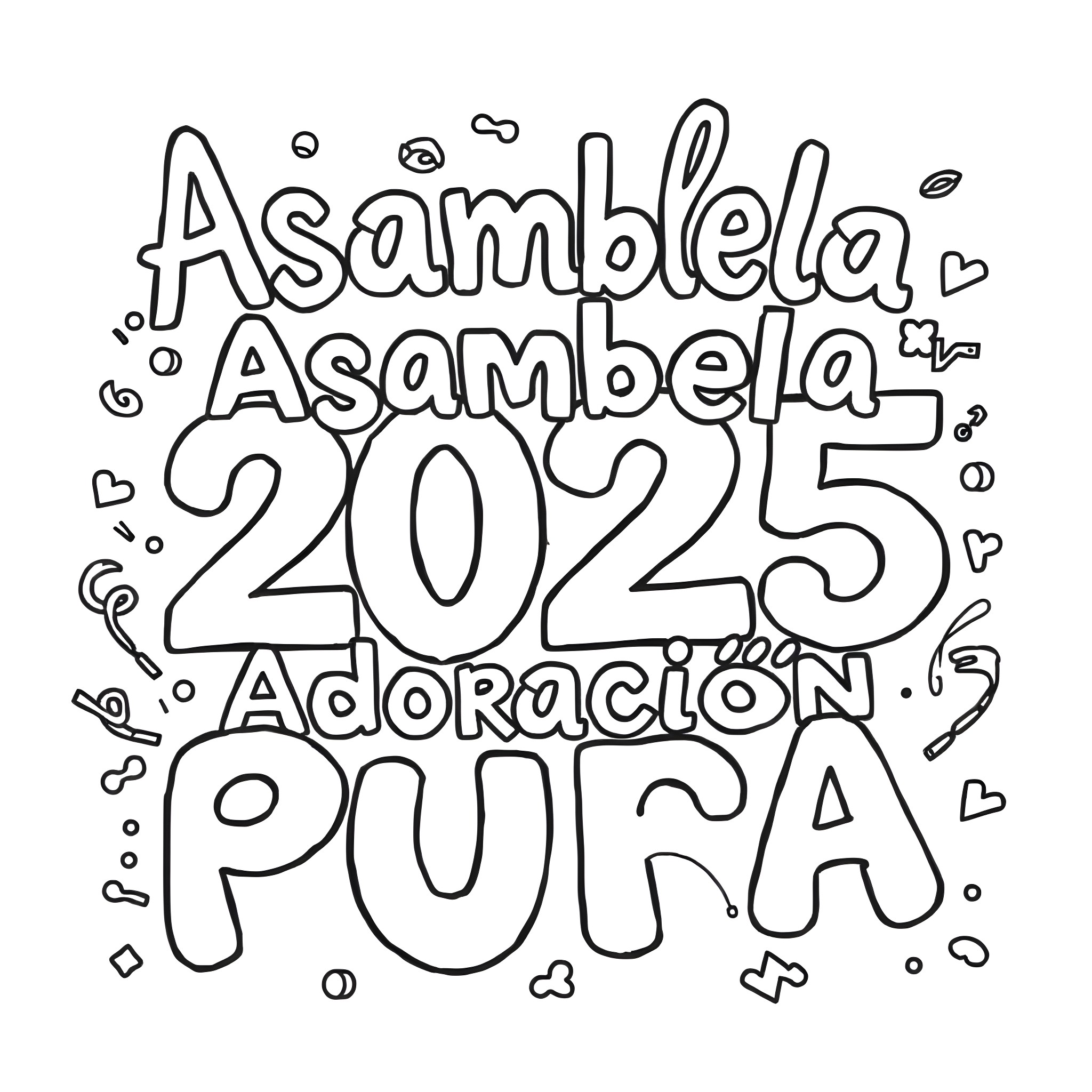 Text displaying the title 'Asamblea Asamblea 2025 Adoracion pura' Coloring Page (free black-and-white line drawing printable PDF for all, from beginners to advanced learners, including children, teens, adults, and seniors)