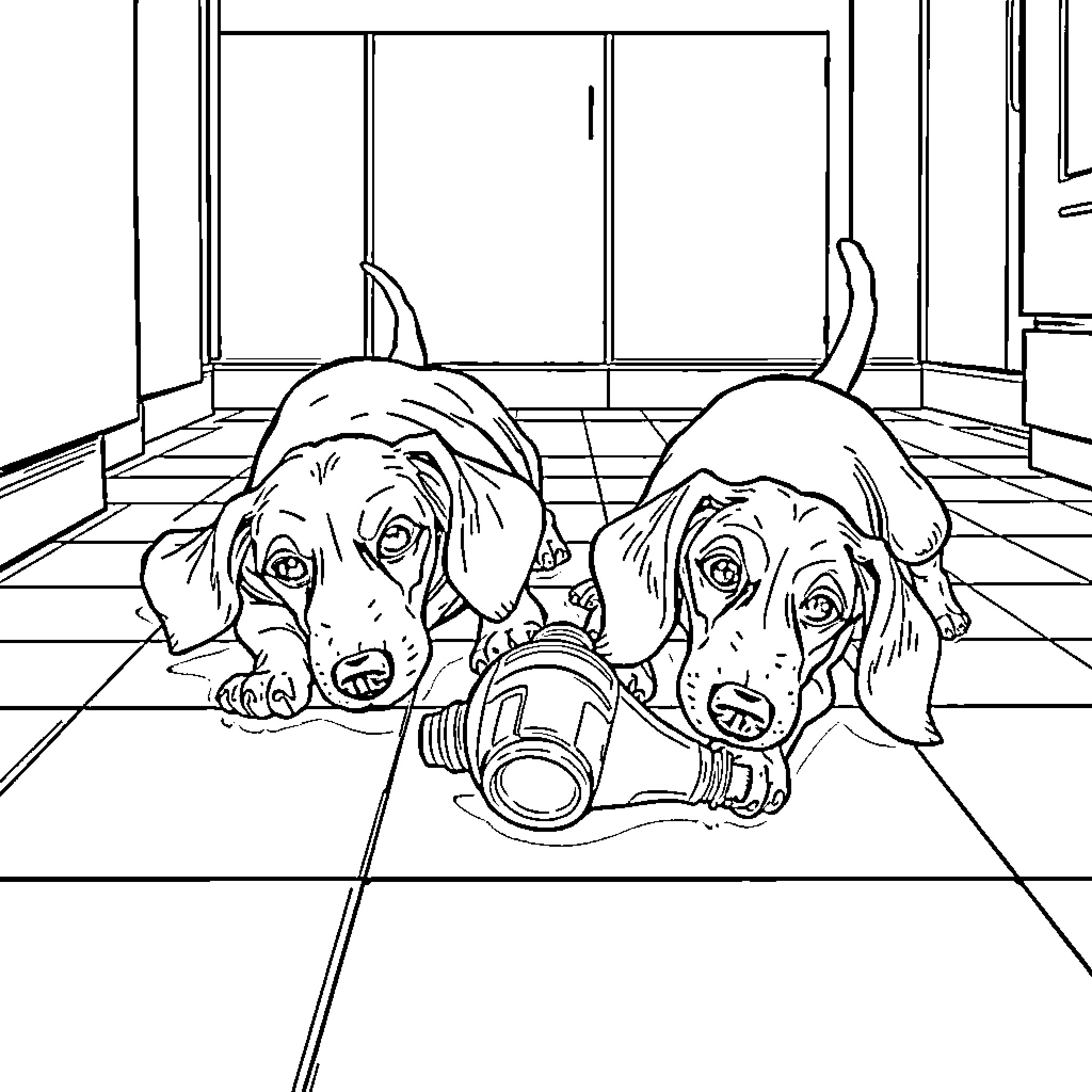 Weiner Dogs Lounging with Toys in Room Coloring Page (free black-and-white line drawing printable PDF for all, from beginners to advanced learners, including children, teens, adults, and seniors)