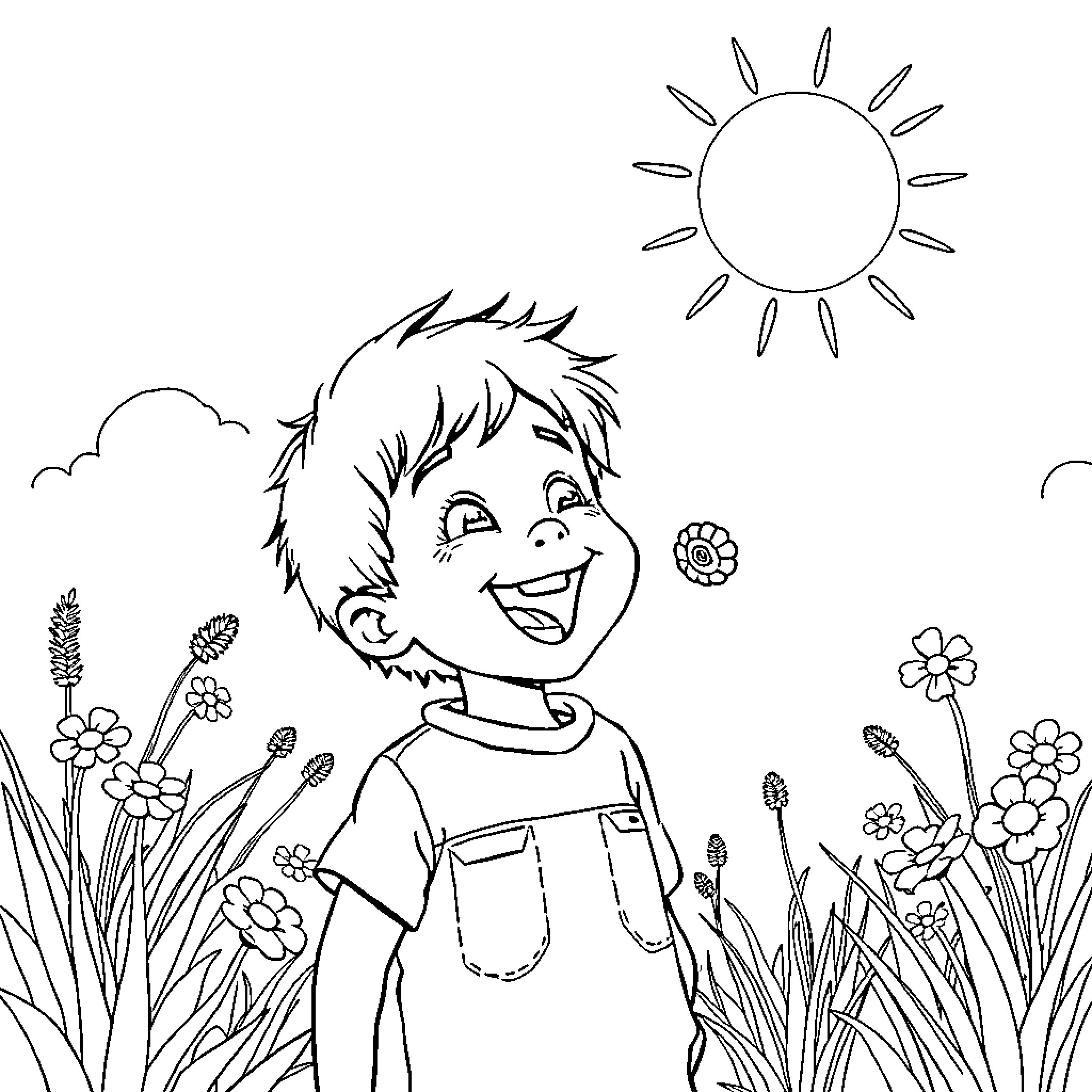 Matteo enjoying a sunny day outdoors Coloring Page (free black-and-white line drawing printable PDF for all, from beginners to advanced learners, including children, teens, adults, and seniors)