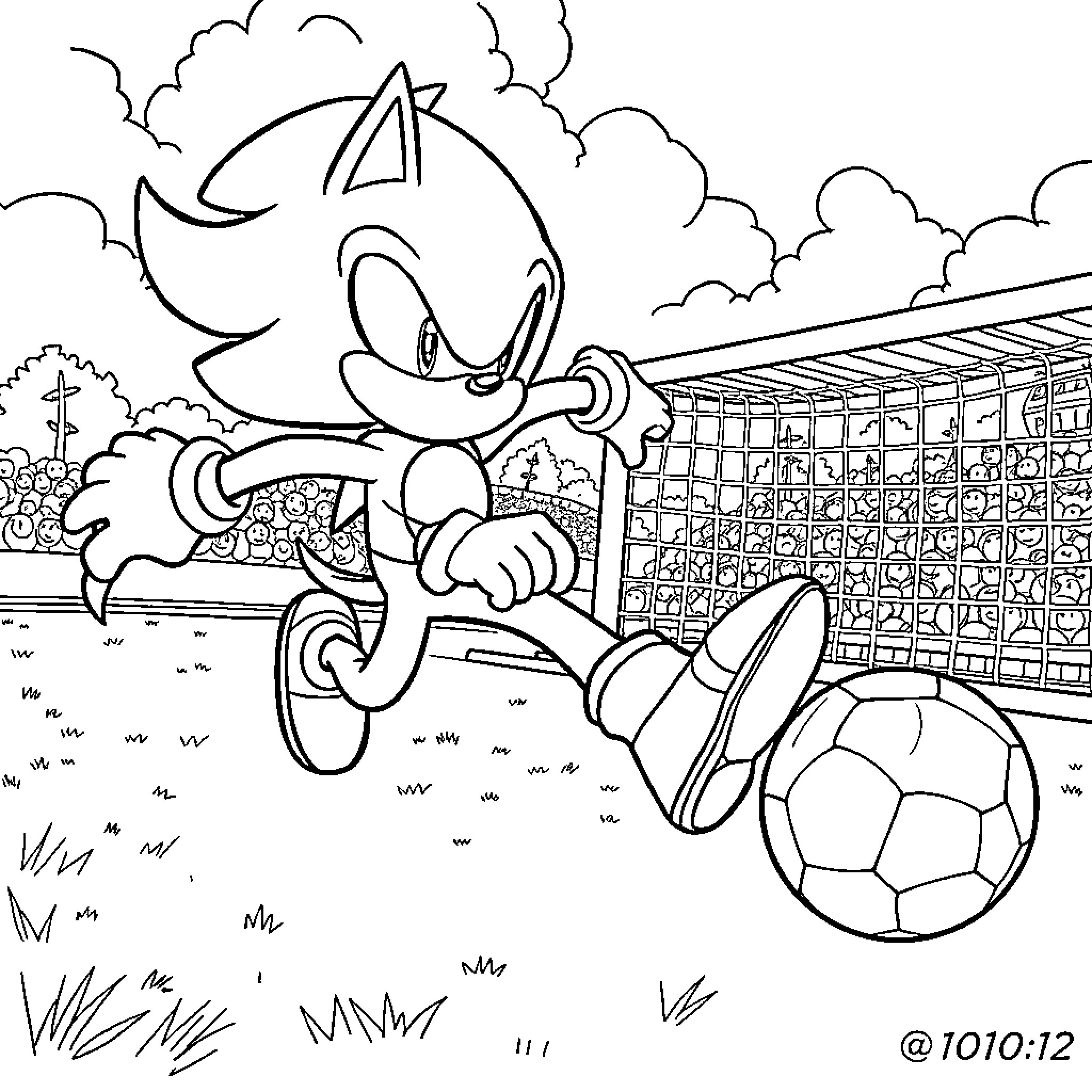 Dark Sonic playing soccer in a field Coloring Page (free black-and-white line drawing printable PDF for all, from beginners to advanced learners, including children, teens, adults, and seniors)