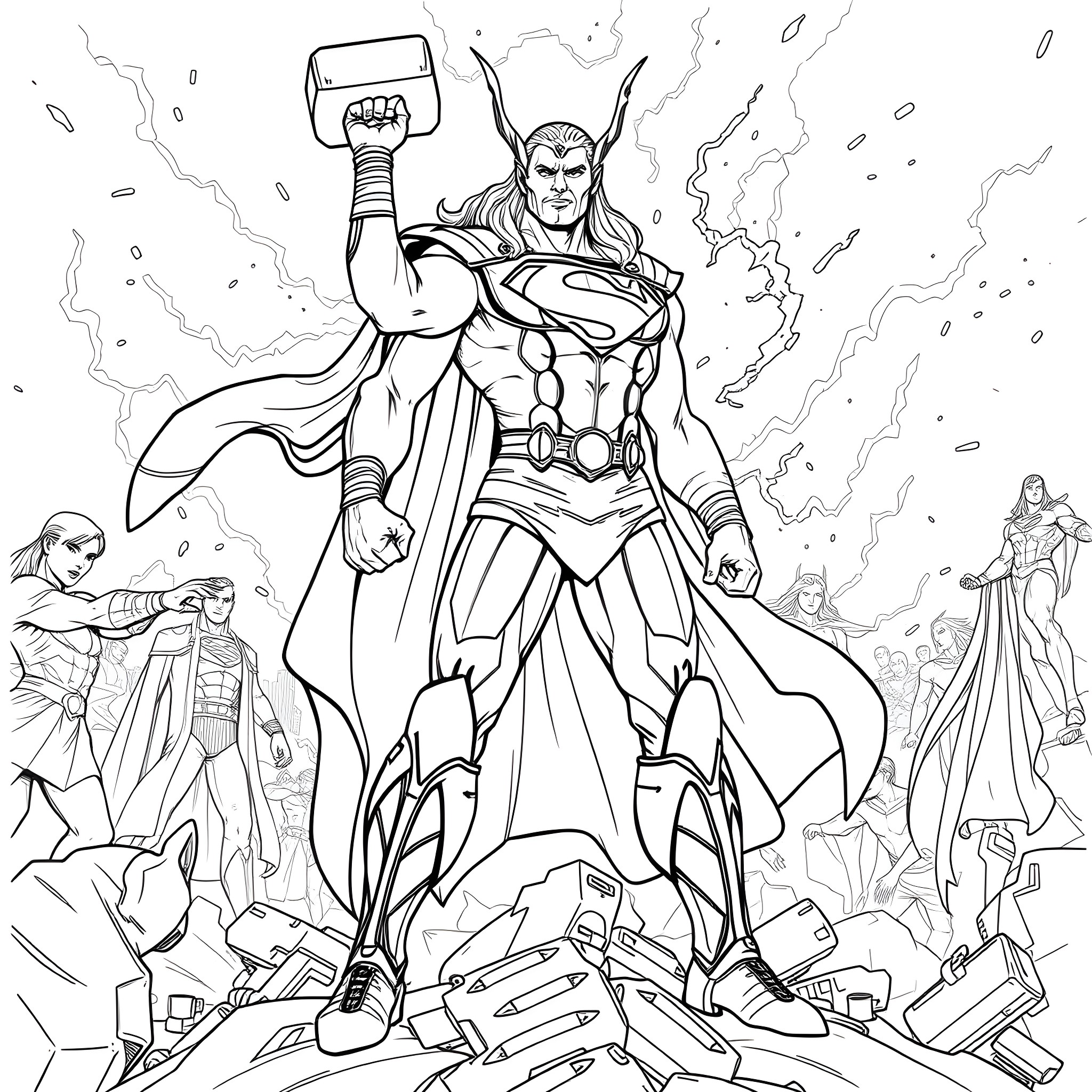Thor's Mighty Heroic Stance in the Midst of Battle Coloring Page (free black-and-white line drawing printable PDF for all, from beginners to advanced learners, including children, teens, adults, and seniors)