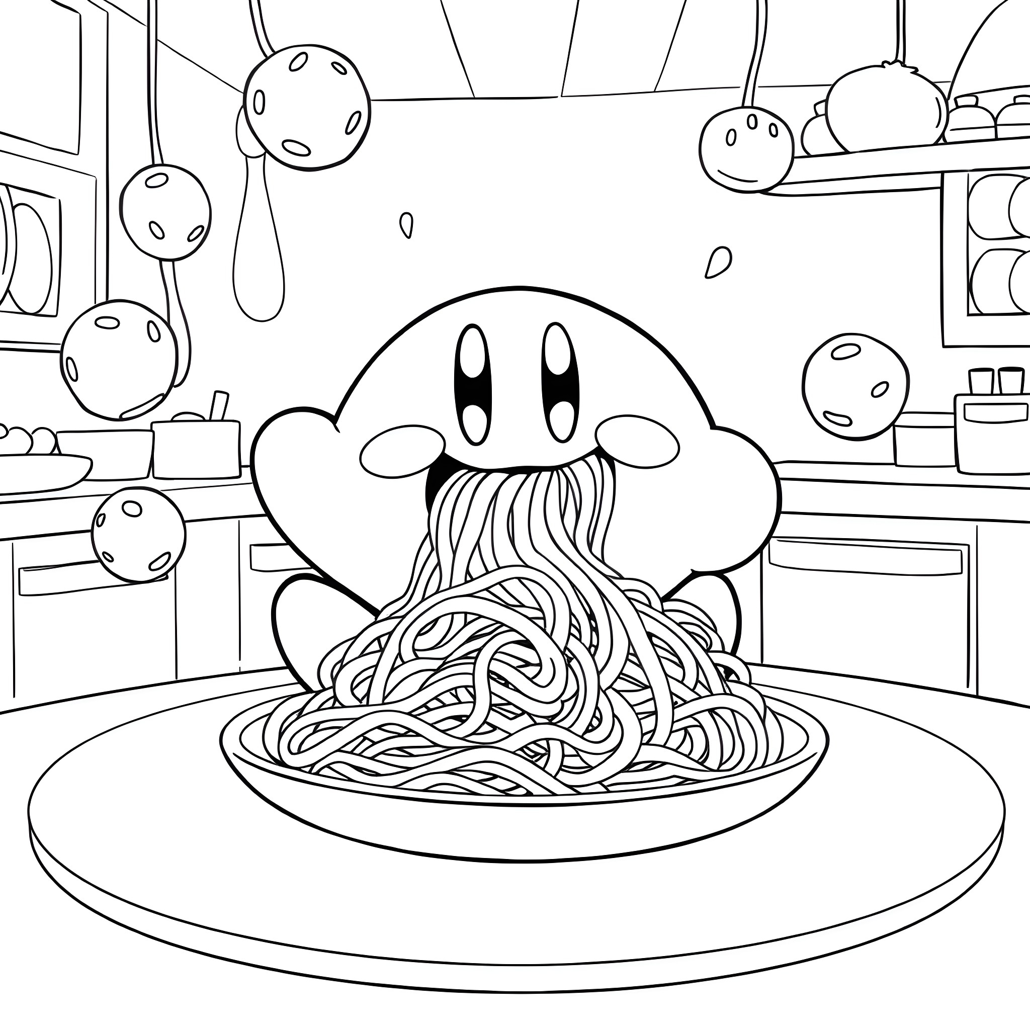Kirby Enjoying a Spaghetti Feast Coloring Page (free black-and-white line drawing printable PDF for all, from beginners to advanced learners, including children, teens, adults, and seniors)