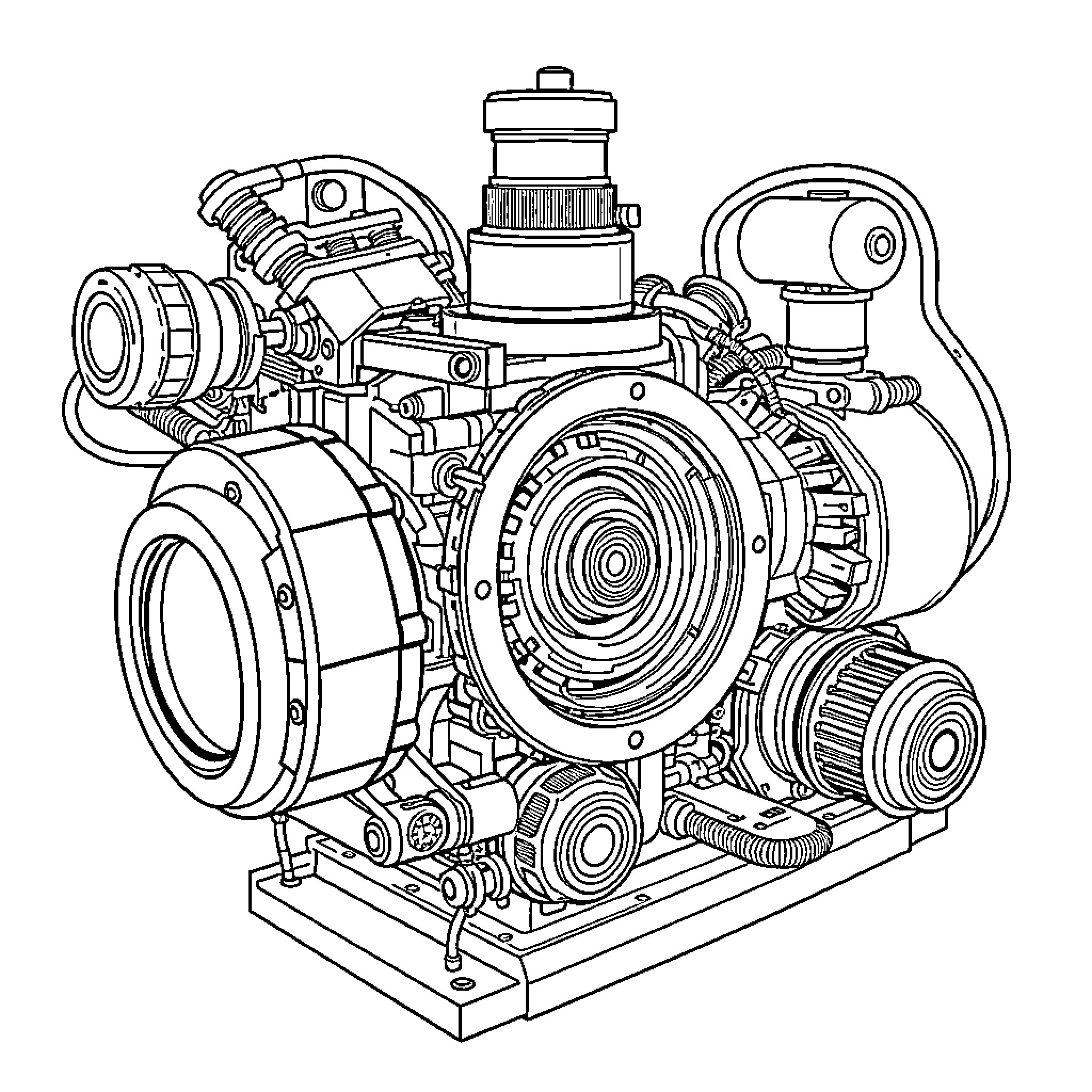 Mechanical Design of a Complex Engine Coloring Page (free black-and-white line drawing printable PDF for all, from beginners to advanced learners, including children, teens, adults, and seniors)