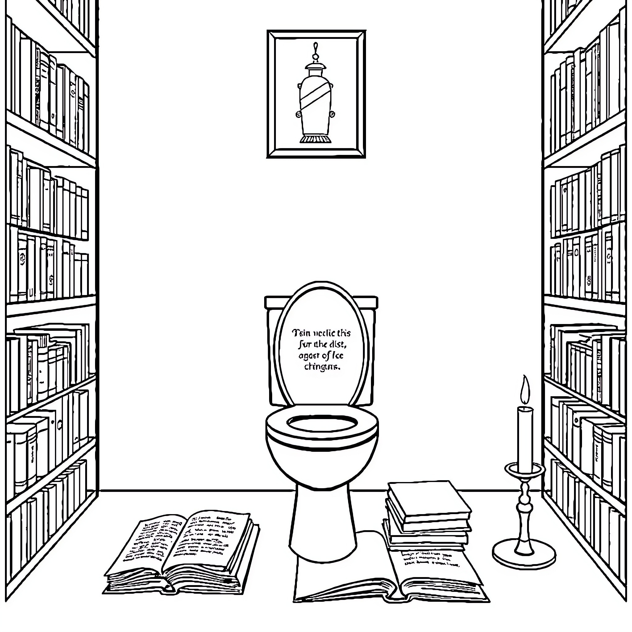 WC: Cozy Library Reading Nook Coloring Page (free black-and-white line drawing printable PDF for all, from beginners to advanced learners, including children, teens, adults, and seniors)