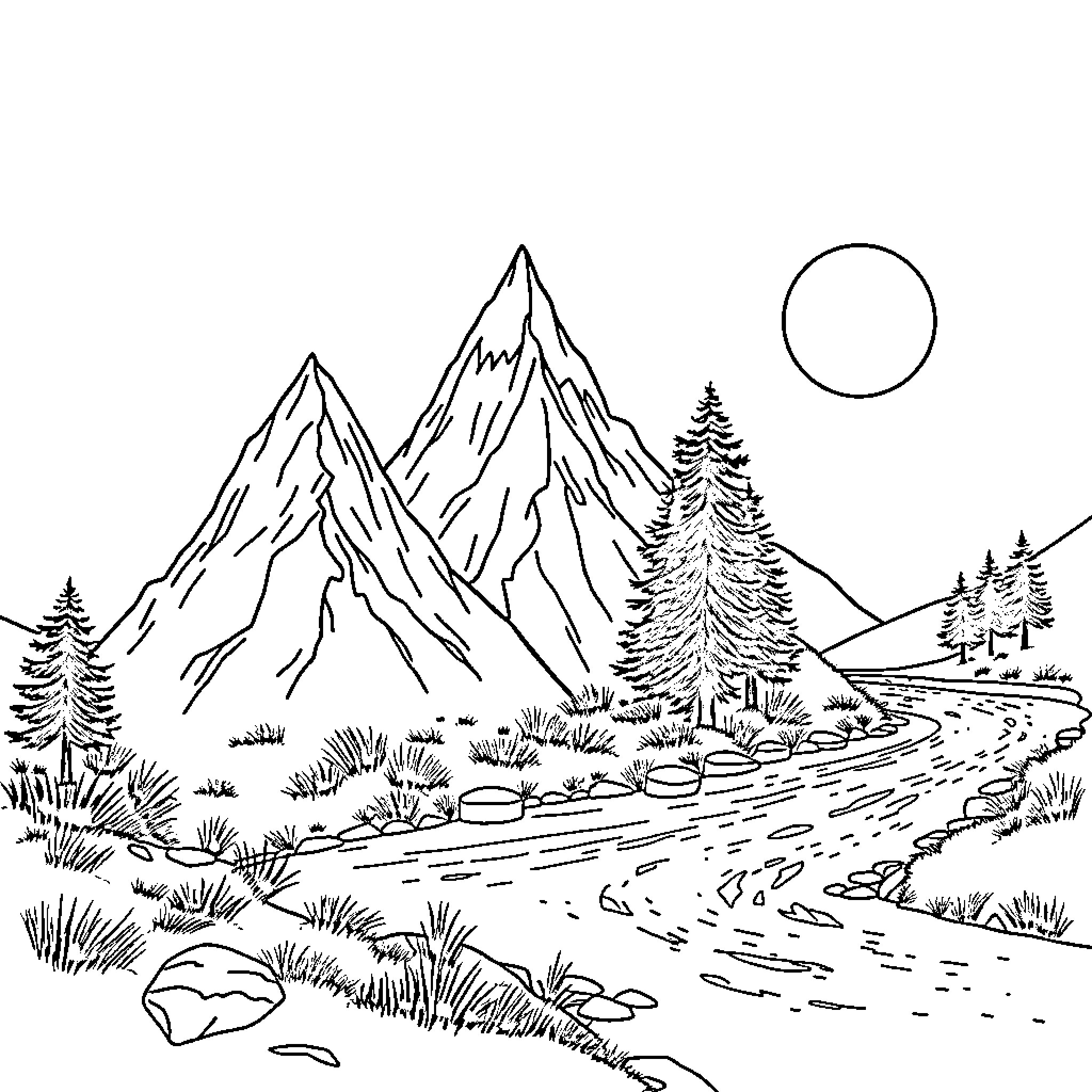 Mountain Landscape with Hiking Trail and Forest Coloring Page (free black-and-white line drawing printable PDF for all, from beginners to advanced learners, including children, teens, adults, and seniors)