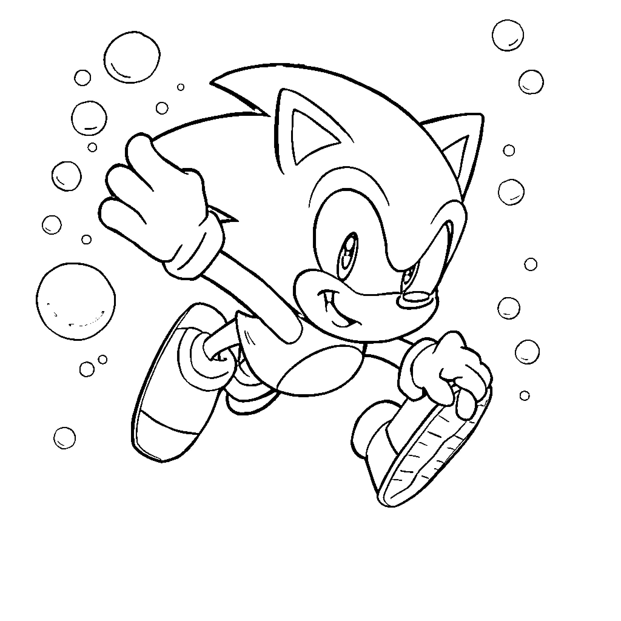 Sonic running playfully through bubbles Coloring Page (free black-and-white line drawing printable PDF for all, from beginners to advanced learners, including children, teens, adults, and seniors)
