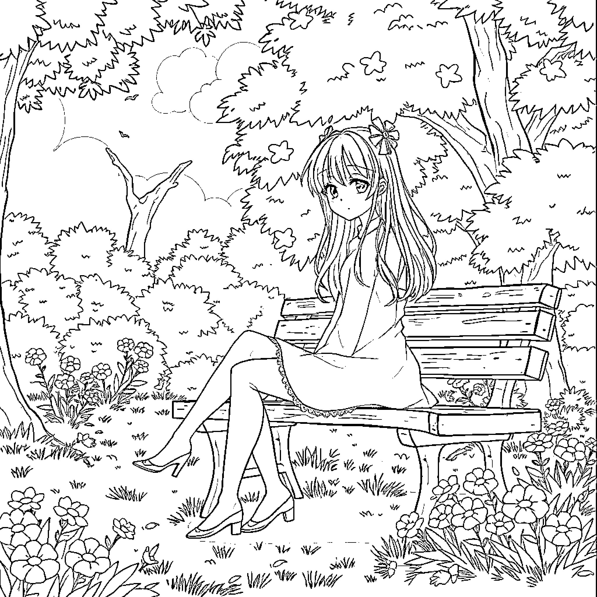Anime Girl Sitting Alone in a Peaceful Forest Coloring Page (free black-and-white line drawing printable PDF for all, from beginners to advanced learners, including children, teens, adults, and seniors)