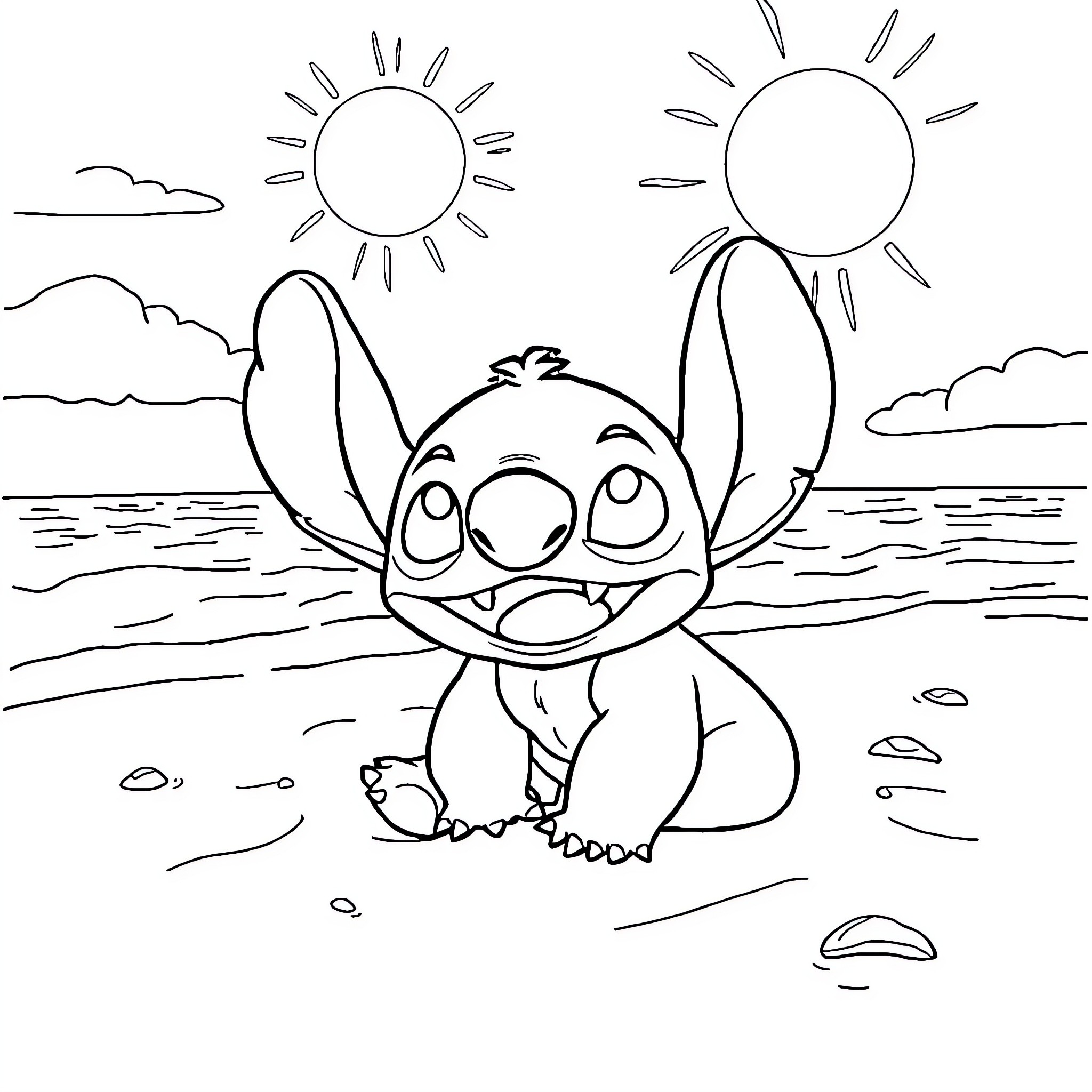 Stitch relaxing on the beach under the sun Coloring Page (free black-and-white line drawing printable PDF for all, from beginners to advanced learners, including children, teens, adults, and seniors)