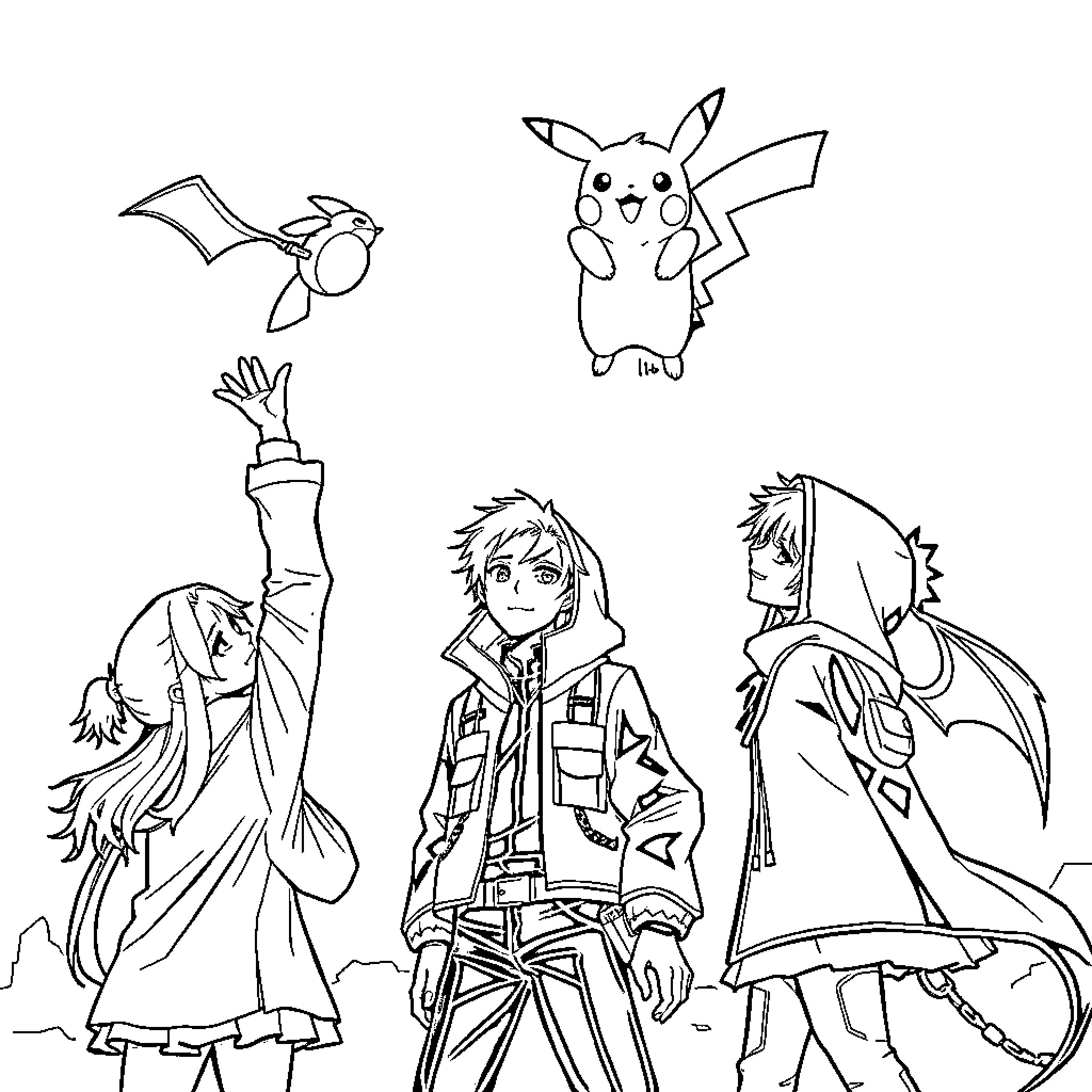 Demon Hunter Encounters Fantastical Creatures Coloring Page (free black-and-white line drawing printable PDF for all, from beginners to advanced learners, including children, teens, adults, and seniors)