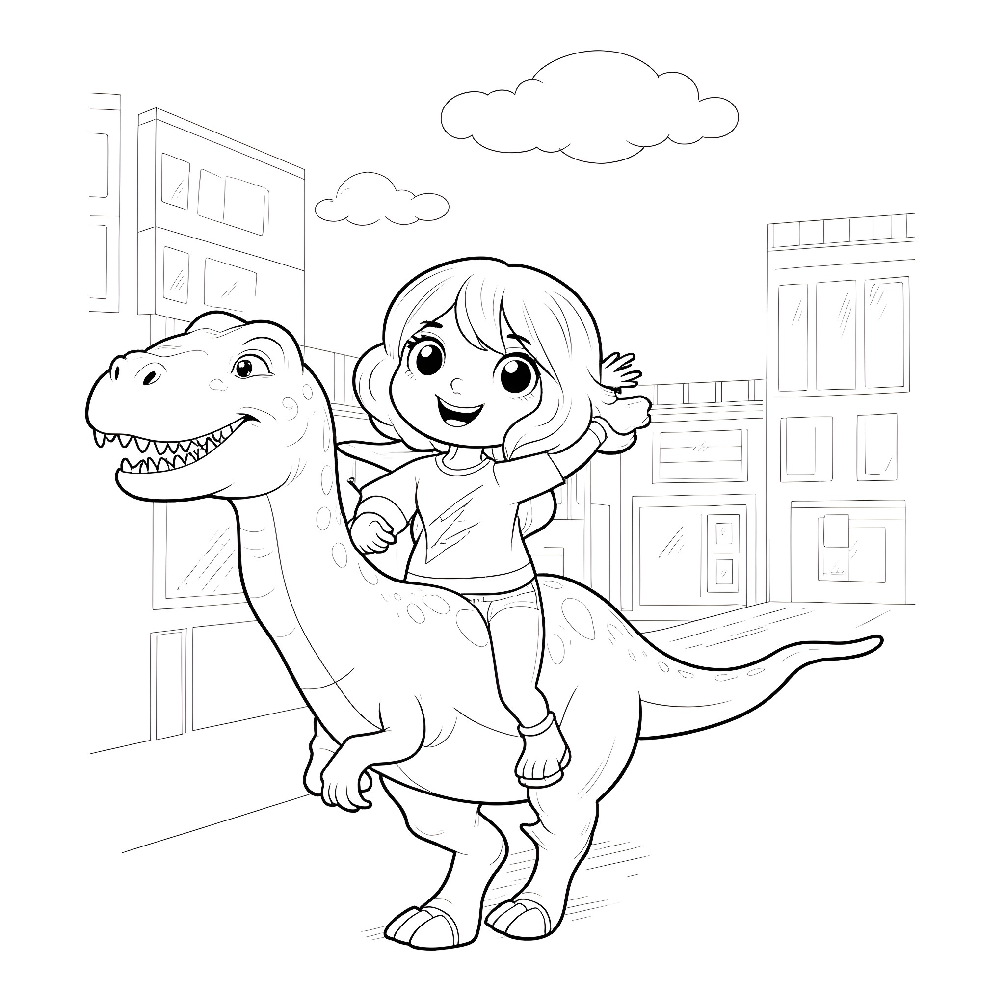 Girl riding a friendly dinosaur in the city Coloring Page (free black-and-white line drawing printable PDF for all, from beginners to advanced learners, including children, teens, adults, and seniors)