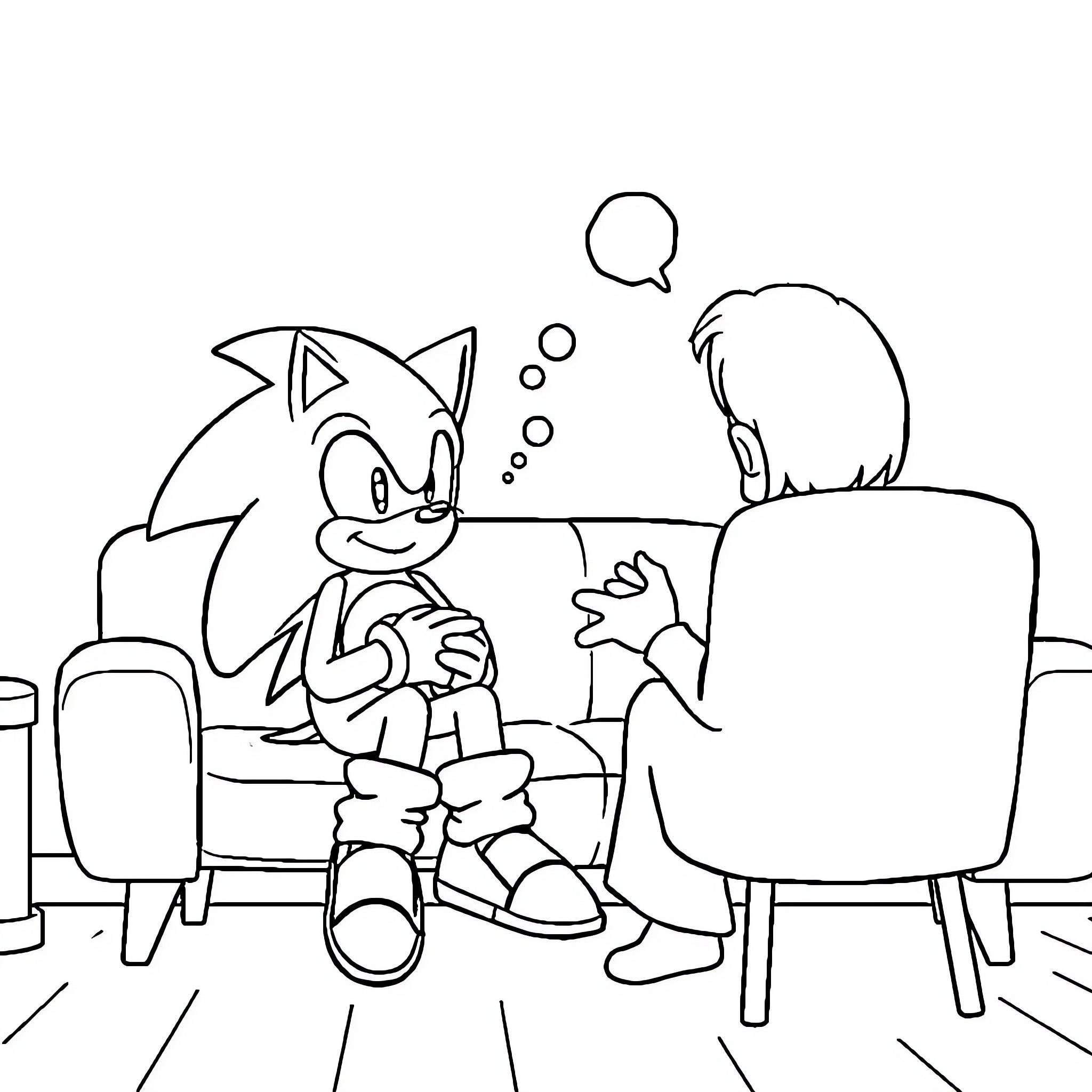 Sonic chatting cheerfully with a friend Coloring Page (free black-and-white line drawing printable PDF for all, from beginners to advanced learners, including children, teens, adults, and seniors)