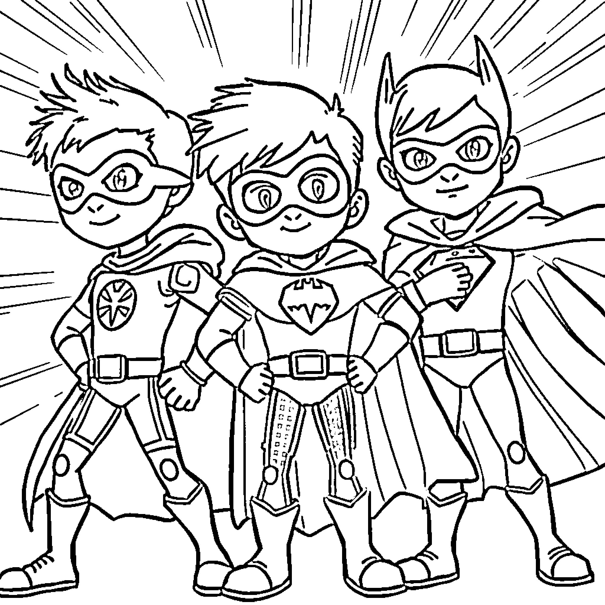 Pj Mask heroes in action poses Coloring Page (free black-and-white line drawing printable PDF for all, from beginners to advanced learners, including children, teens, adults, and seniors)