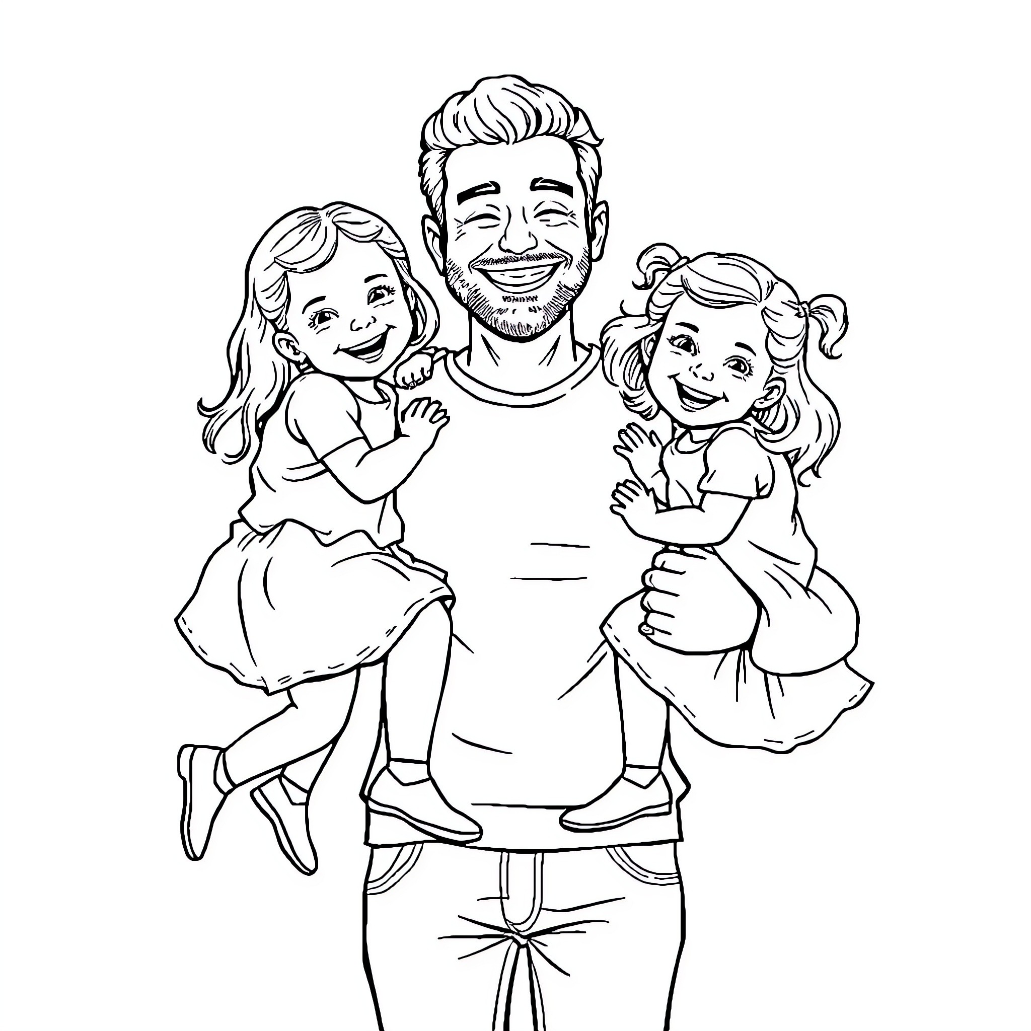 Daddy's Joyful Embrace with His Daughters Coloring Page (free black-and-white line drawing printable PDF for all, from beginners to advanced learners, including children, teens, adults, and seniors)