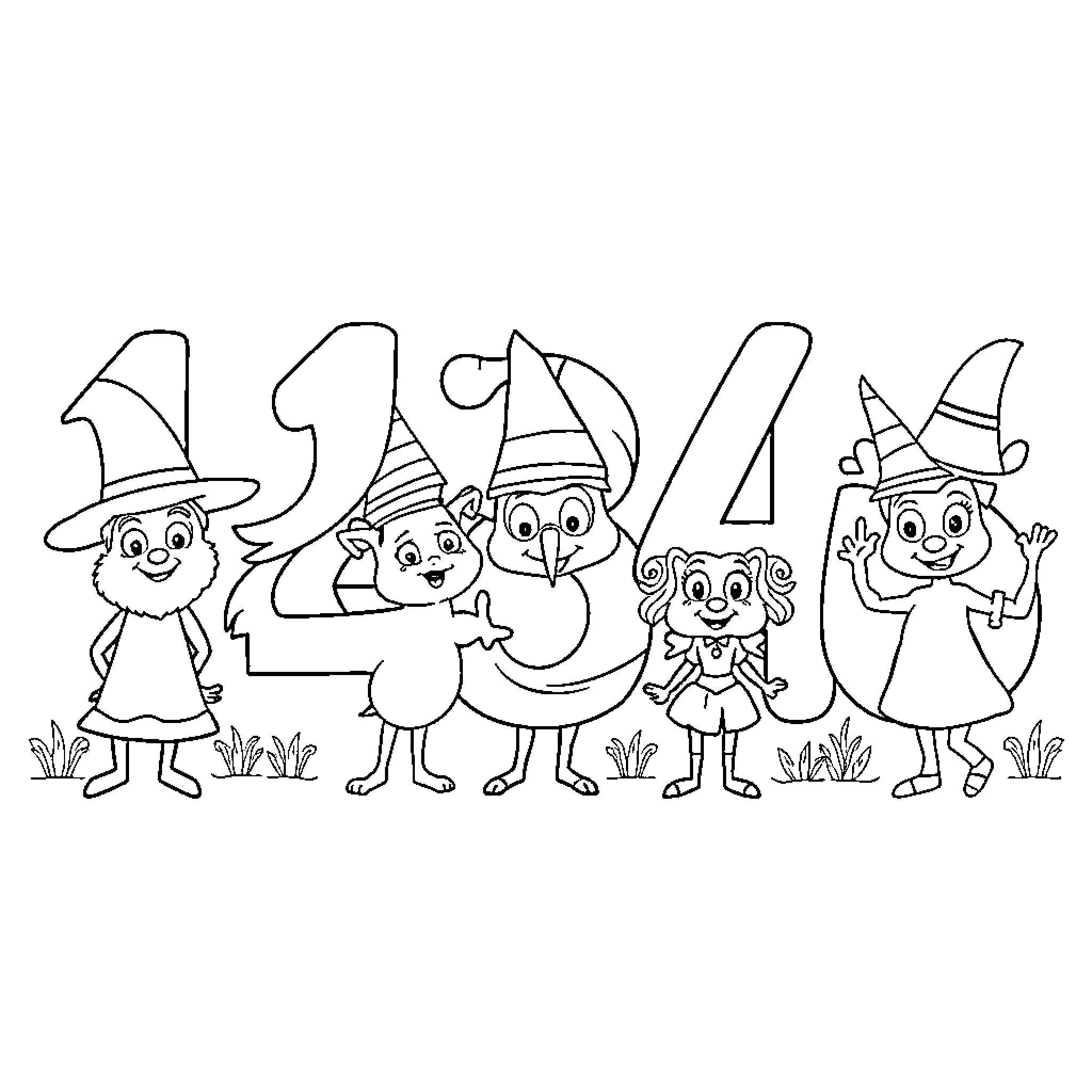 Number of Cartoon Characters in Witch Hats Coloring Page (free black-and-white line drawing printable PDF for all, from beginners to advanced learners, including children, teens, adults, and seniors)