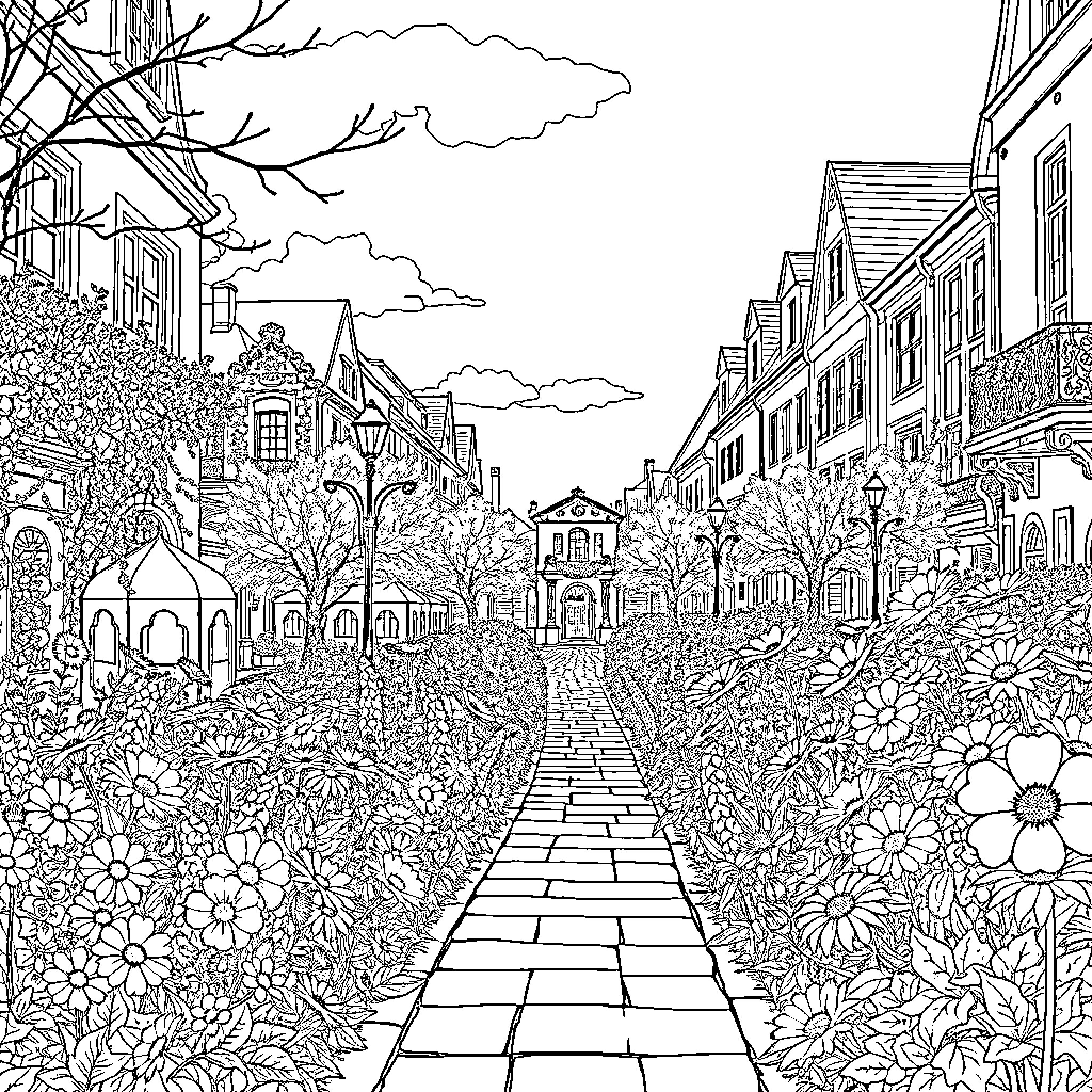 Schwerin: A Vibrant Floral Street Scene Coloring Page (free black-and-white line drawing printable PDF for all, from beginners to advanced learners, including children, teens, adults, and seniors)