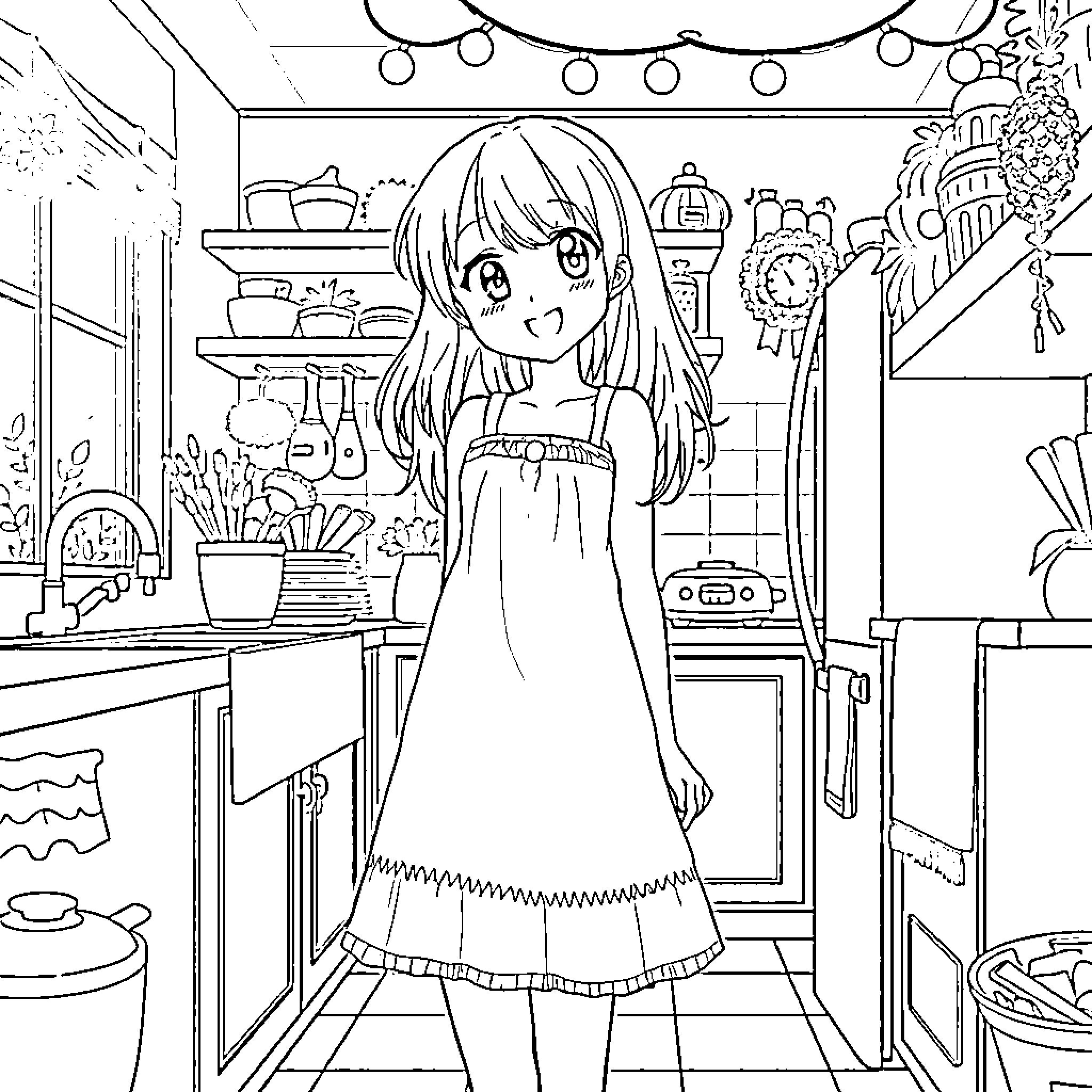 Anime Girl in a Cozy Kitchen Coloring Page (free black-and-white line drawing printable PDF for all, from beginners to advanced learners, including children, teens, adults, and seniors)