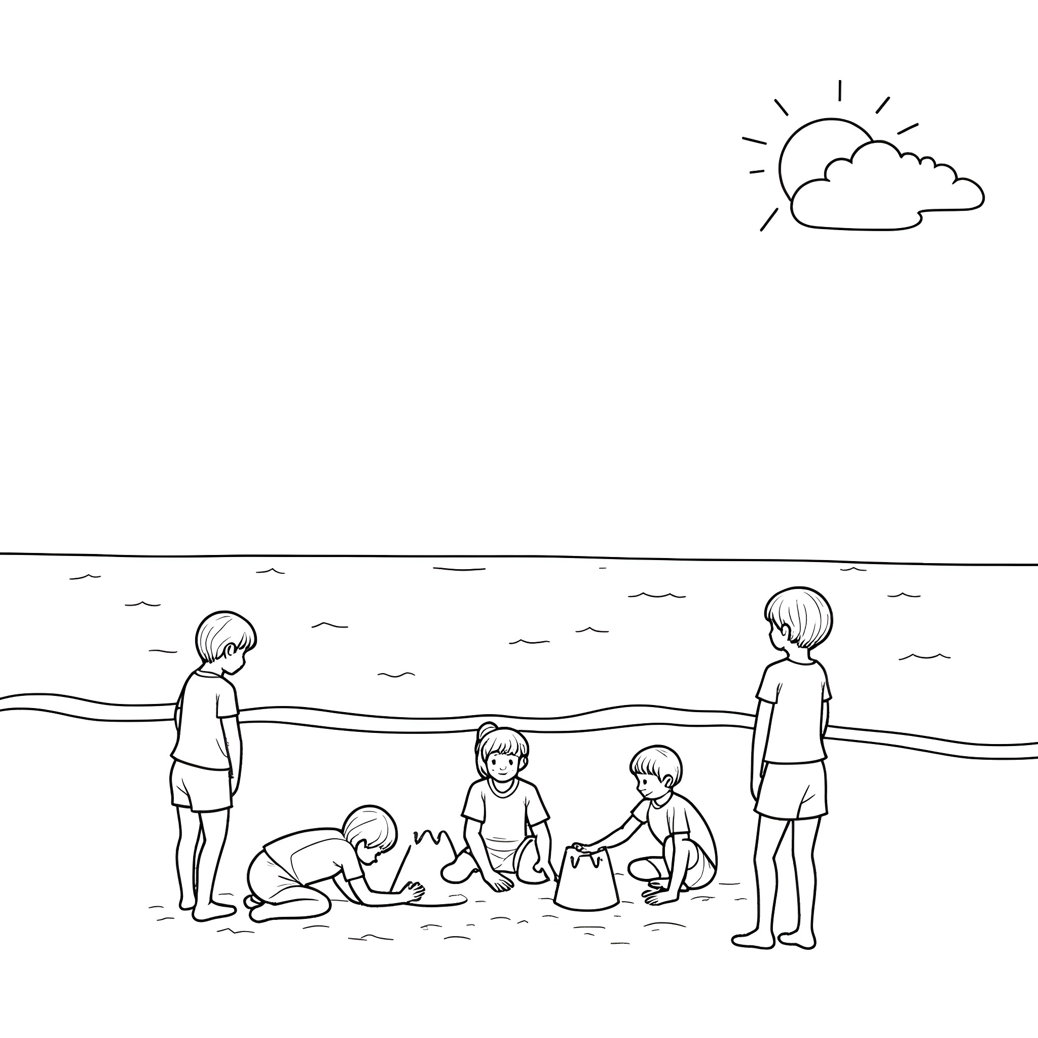 Summer fun at the beach with children playing Coloring Page (free black-and-white line drawing printable PDF for all, from beginners to advanced learners, including children, teens, adults, and seniors)