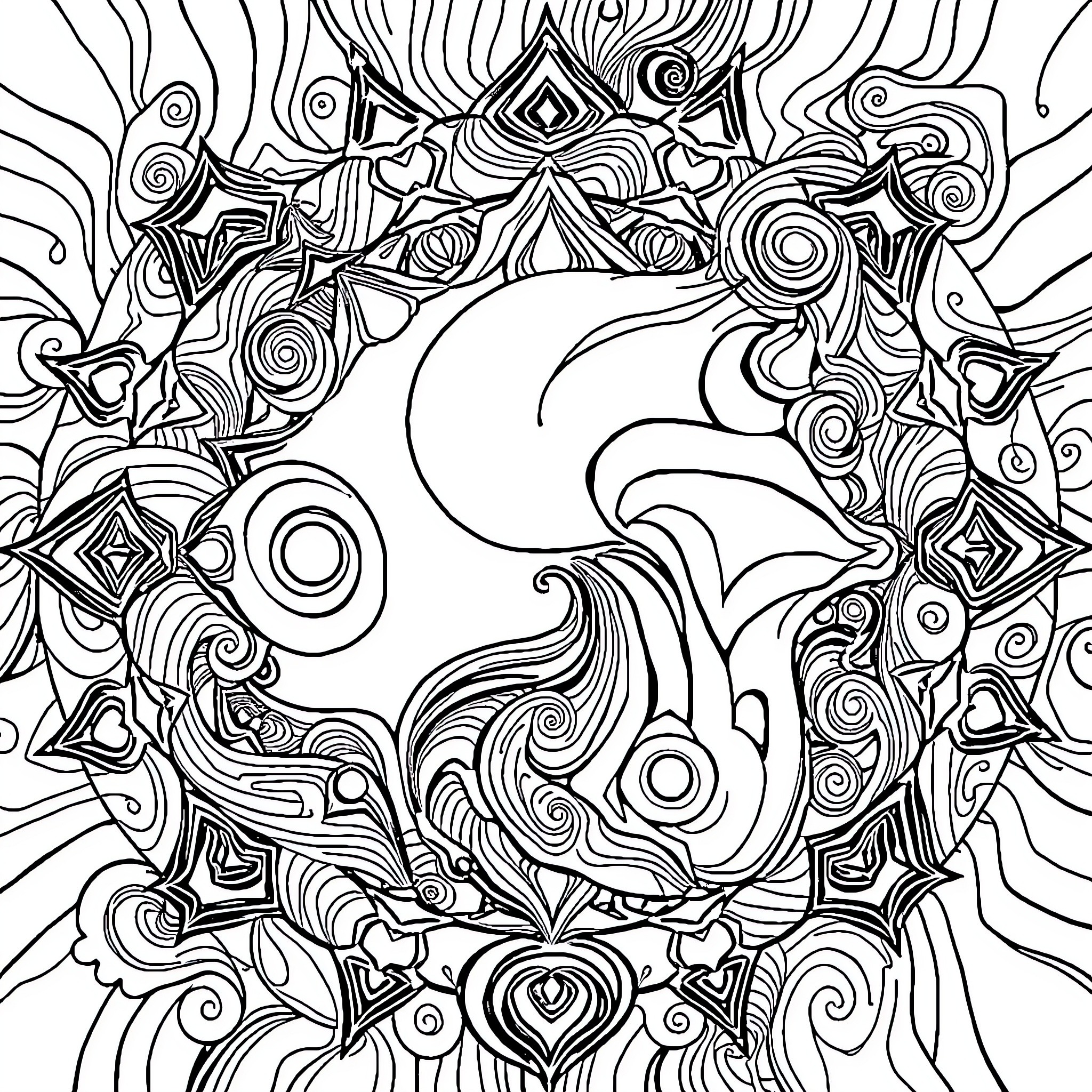 Geometric Mystical Shapes and Patterns Coloring Page (free black-and-white line drawing printable PDF for all, from beginners to advanced learners, including children, teens, adults, and seniors)