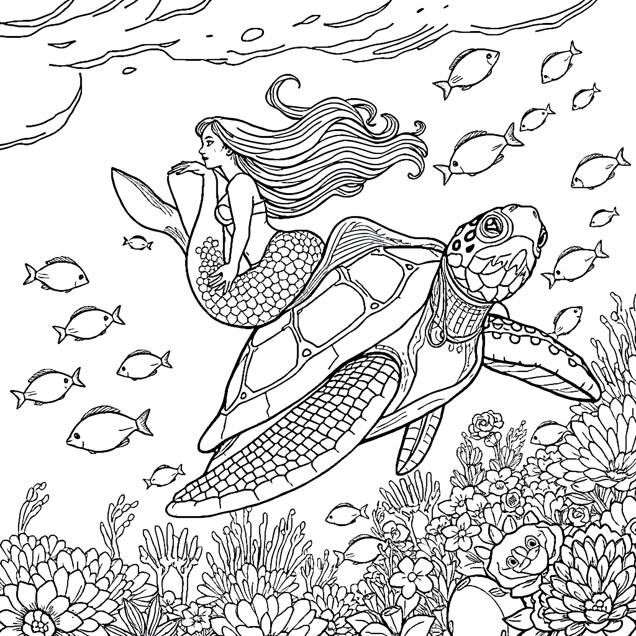 Mermaid swimming with colorful sea creatures Coloring Page (free black-and-white line drawing printable PDF for all, from beginners to advanced learners, including children, teens, adults, and seniors)