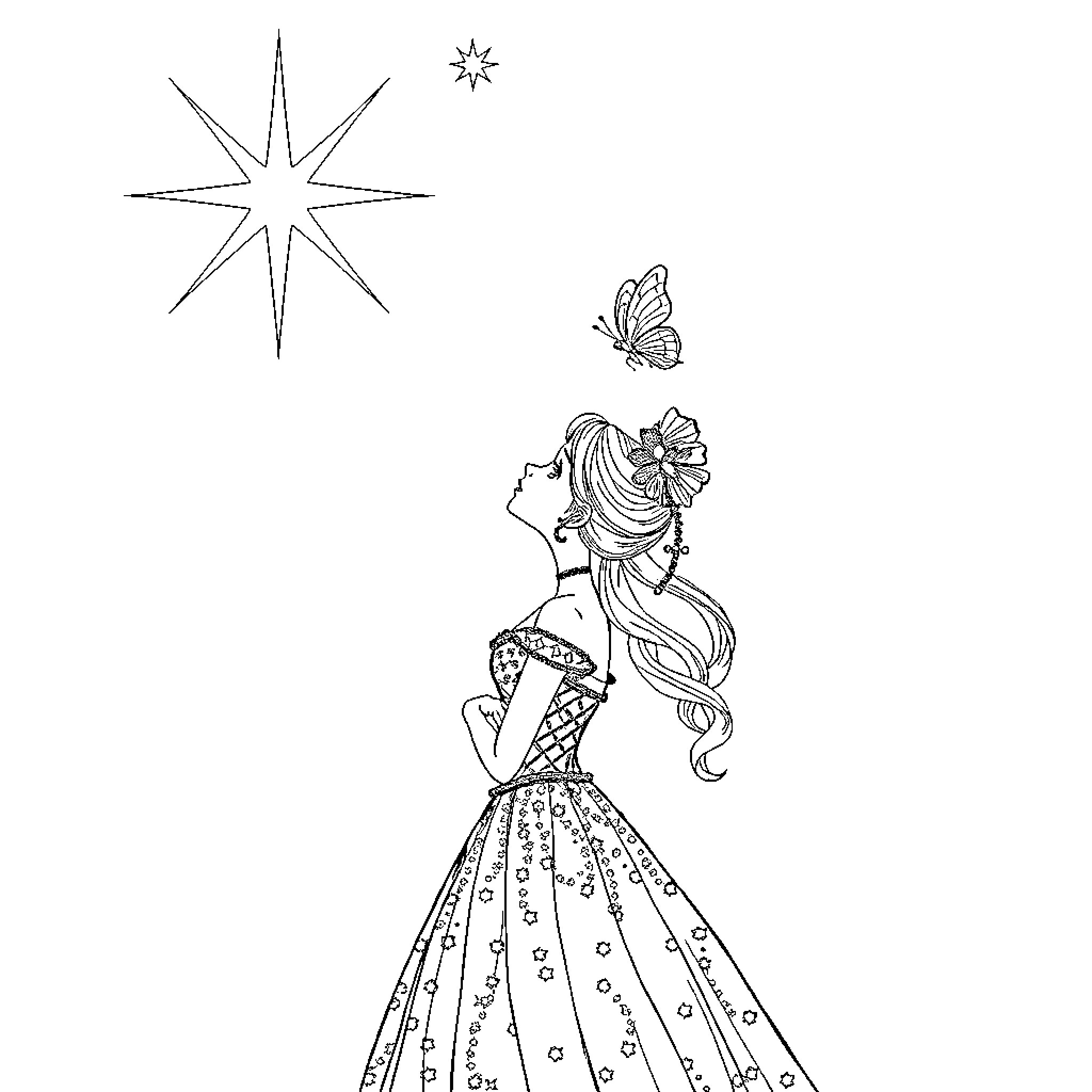 Princess enjoying a starry night with butterflies Coloring Page (free black-and-white line drawing printable PDF for all, from beginners to advanced learners, including children, teens, adults, and seniors)