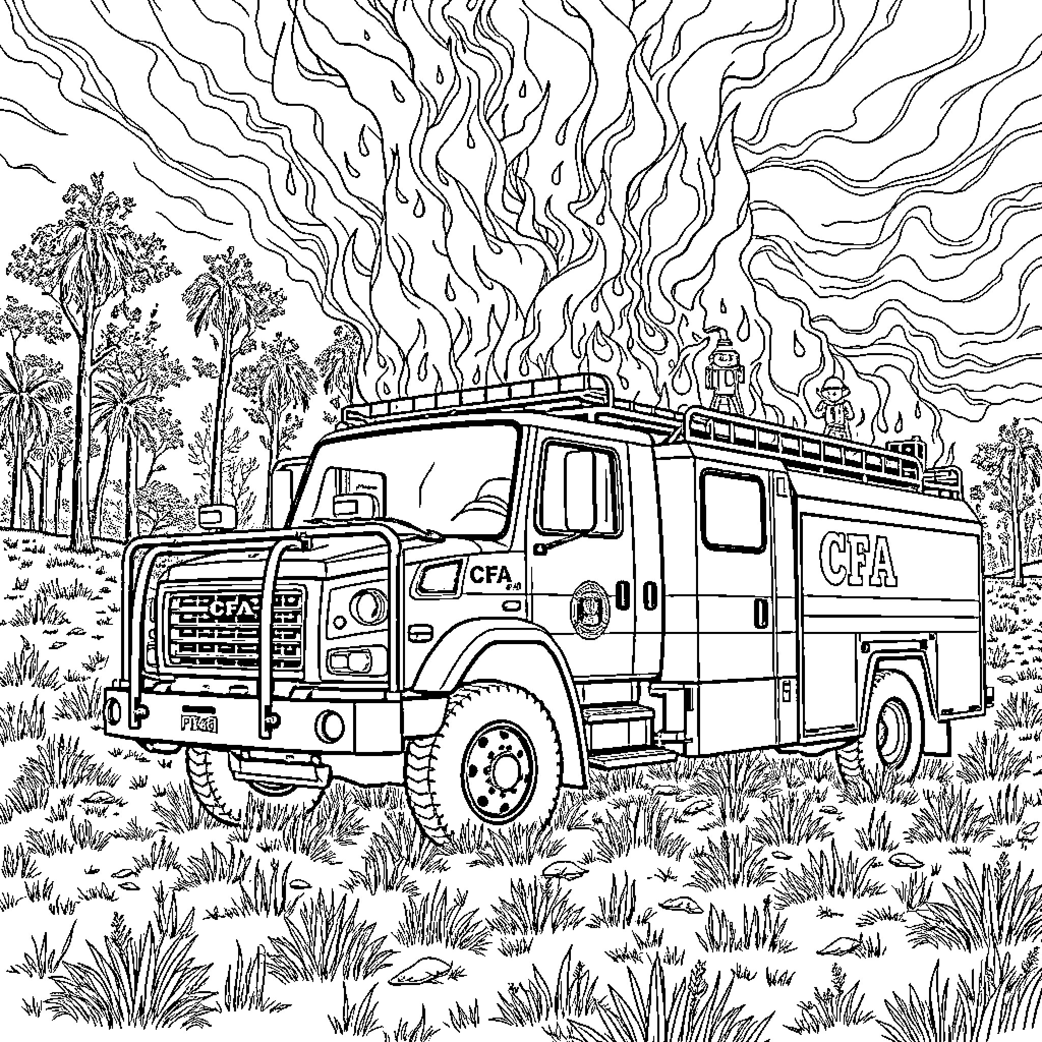 Firetruck responding to emergency in the wilderness Coloring Page (free black-and-white line drawing printable PDF for all, from beginners to advanced learners, including children, teens, adults, and seniors)