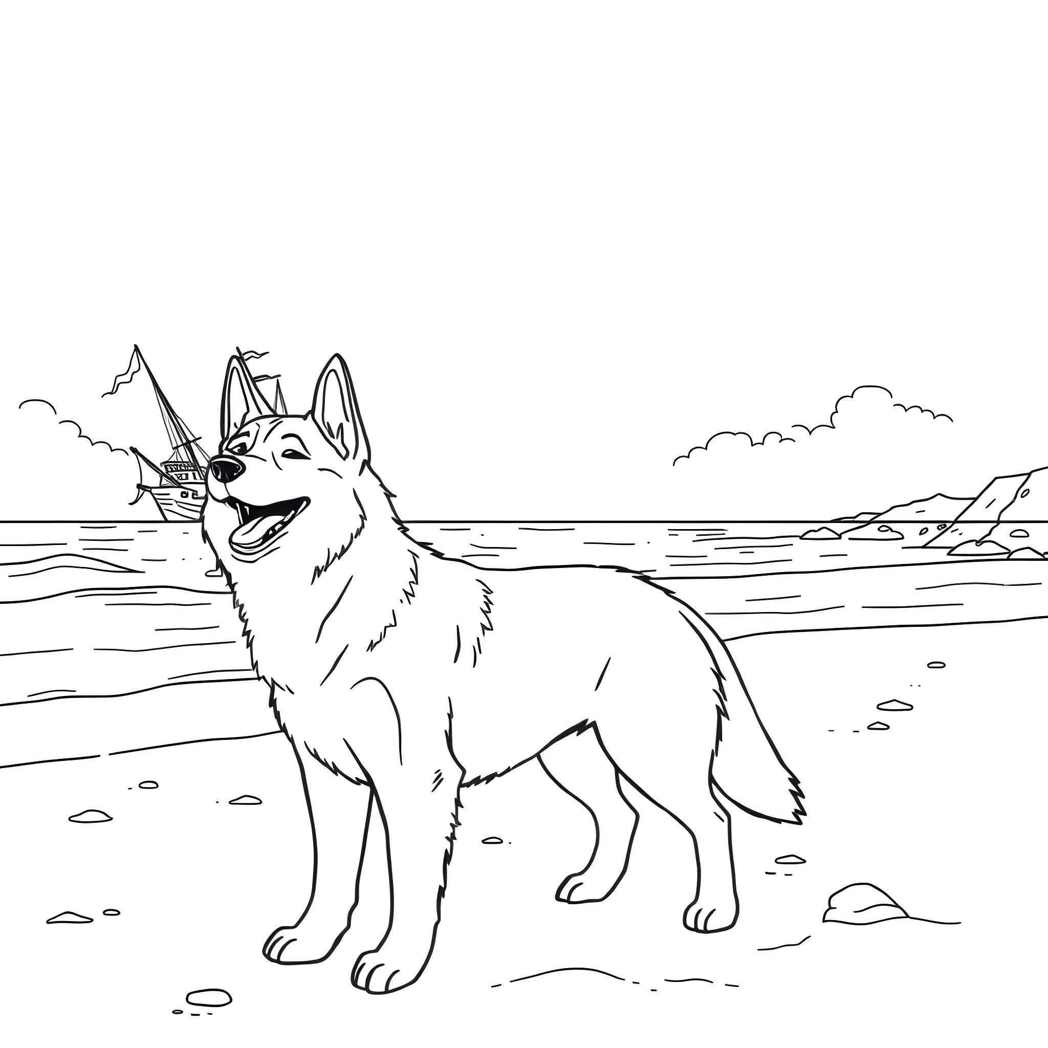 Husky exploring the Arctic landscape Coloring Page (free black-and-white line drawing printable PDF for all, from beginners to advanced learners, including children, teens, adults, and seniors)