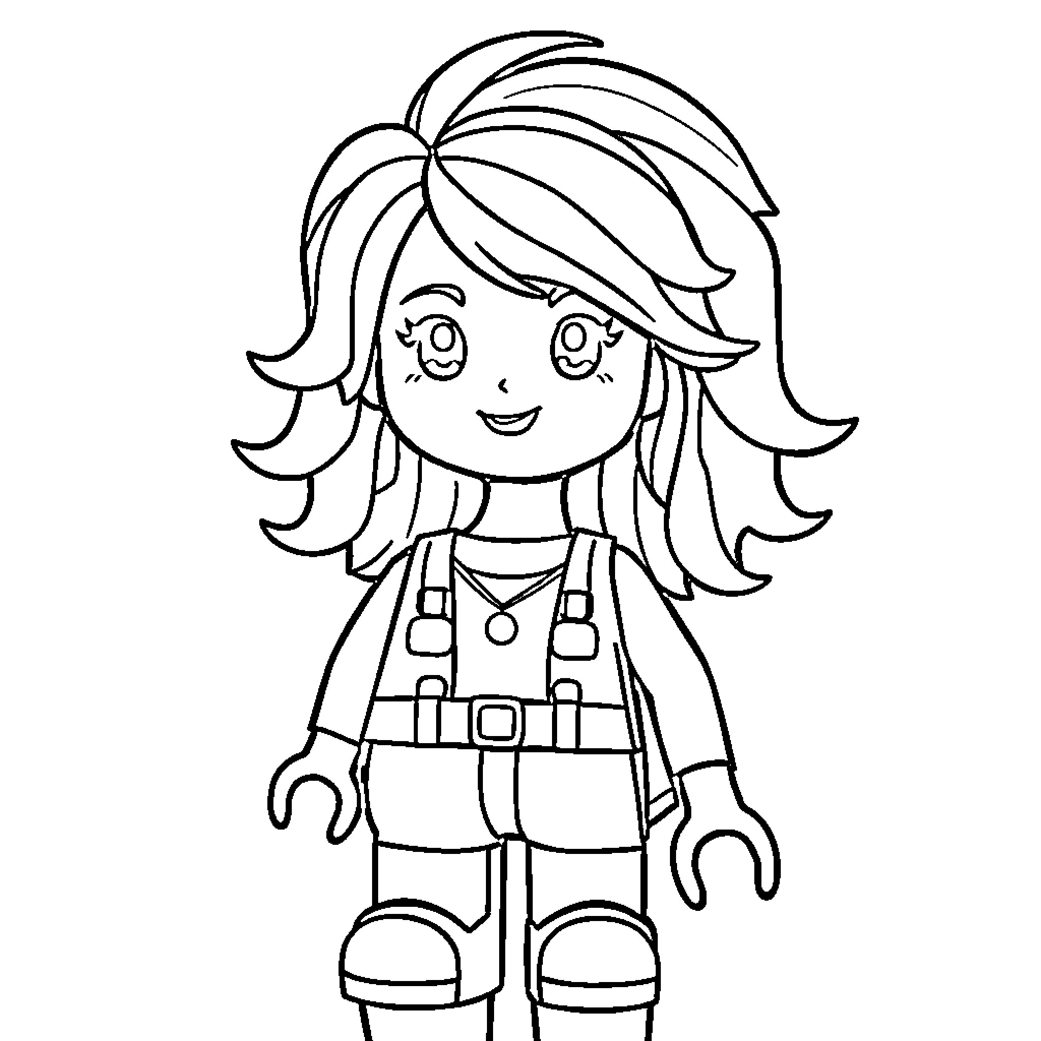 Lego Girl in Casual Outfit Smiling Cheerfully Coloring Page (free black-and-white line drawing printable PDF for all, from beginners to advanced learners, including children, teens, adults, and seniors)